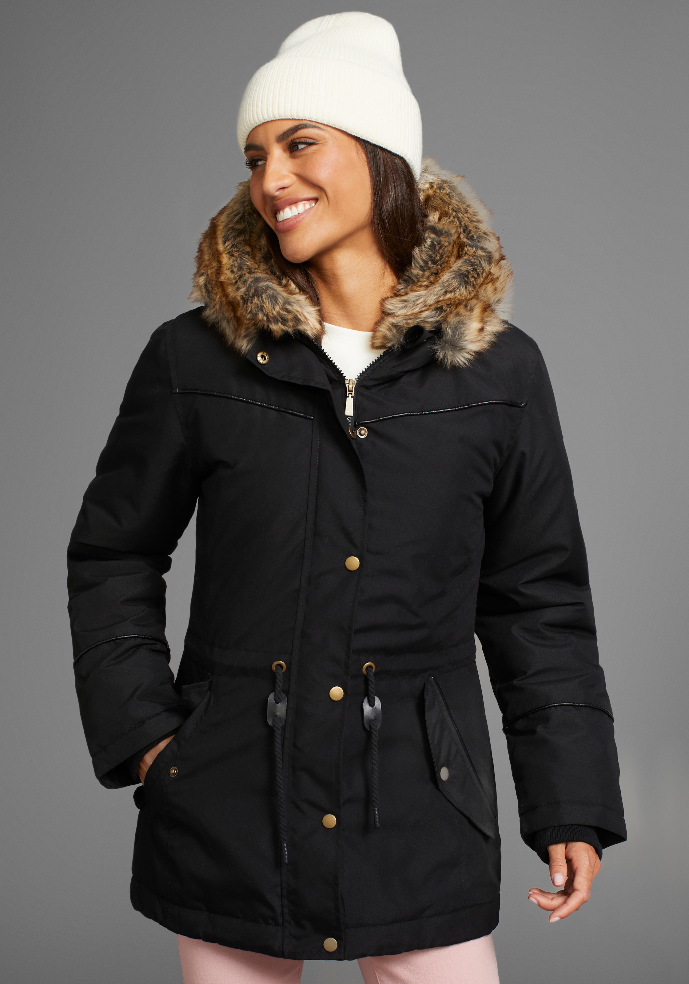 Laura Scott Winterjacke, mit Kapuze, figurbetonte Passform, mit Kapuze, mit abnehmbarem Fellimitat