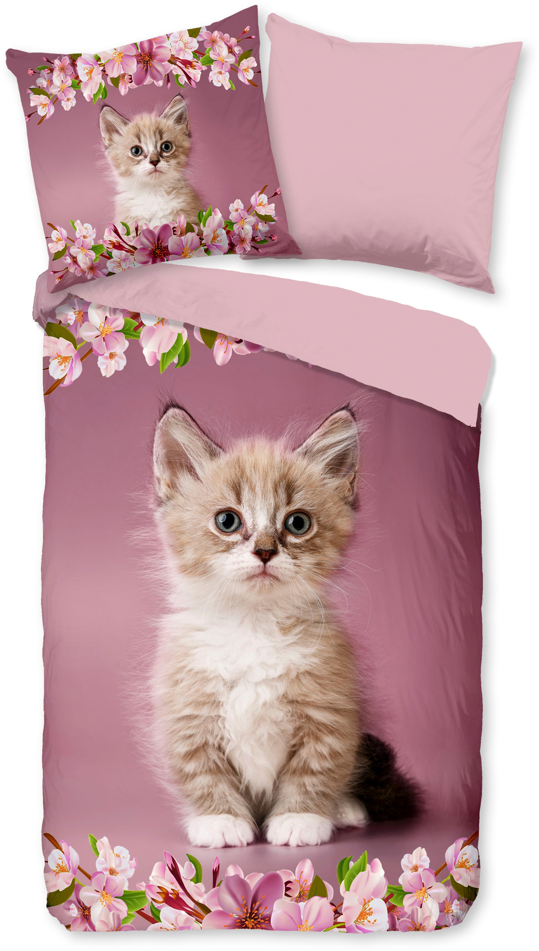 good morning Kinderbettwäsche »Century«, Baumwolle, 135x200, Reissverschluss, Wende, Kind, Mädchen, Katze, Rosa