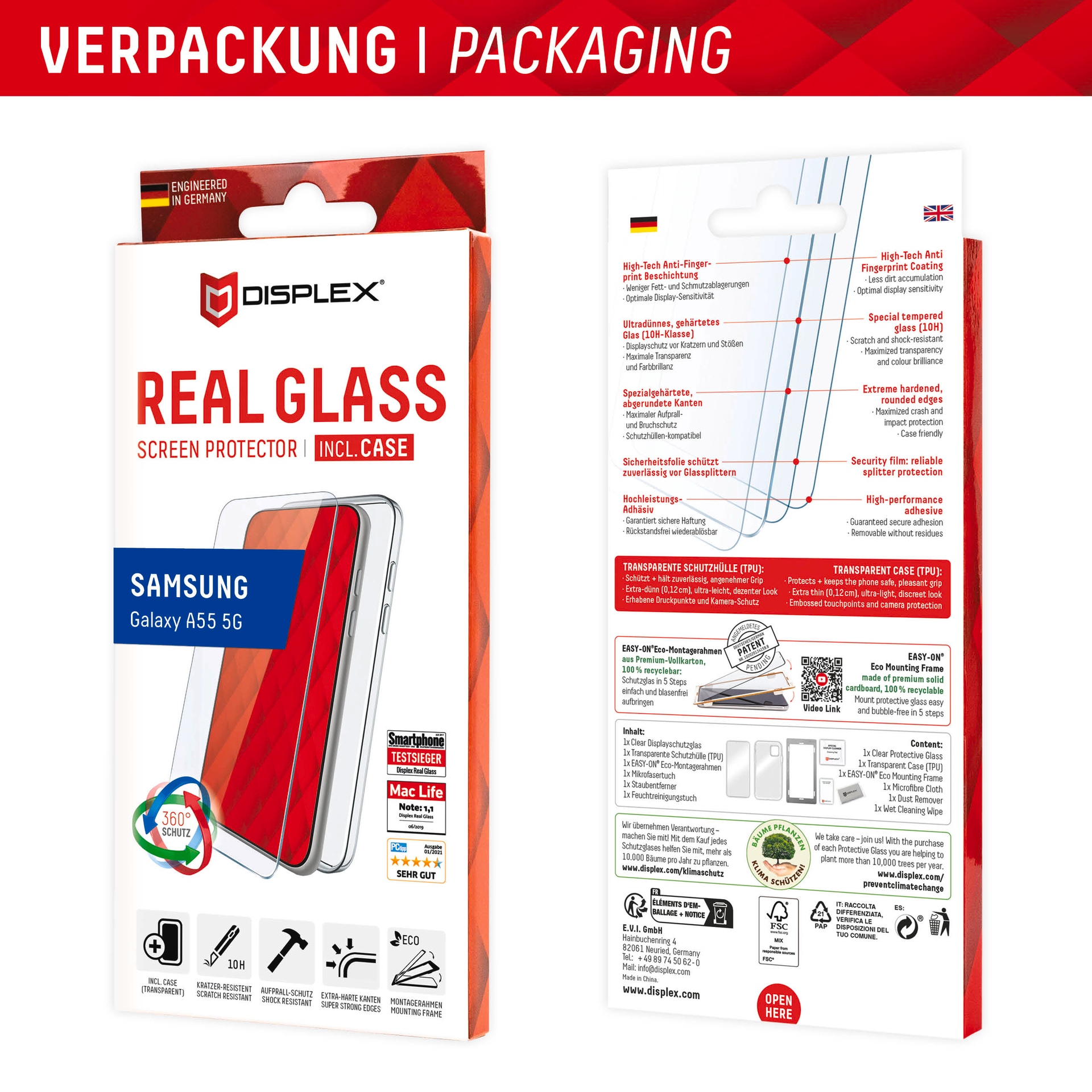 Displex Displayschutzglas »Real Glass + Case«, für Samsung Galaxy A55 5G, (1 St.), Bildschirmschutz, Displayschutzfolie,Einfach anbringen,kratz-&stossfest