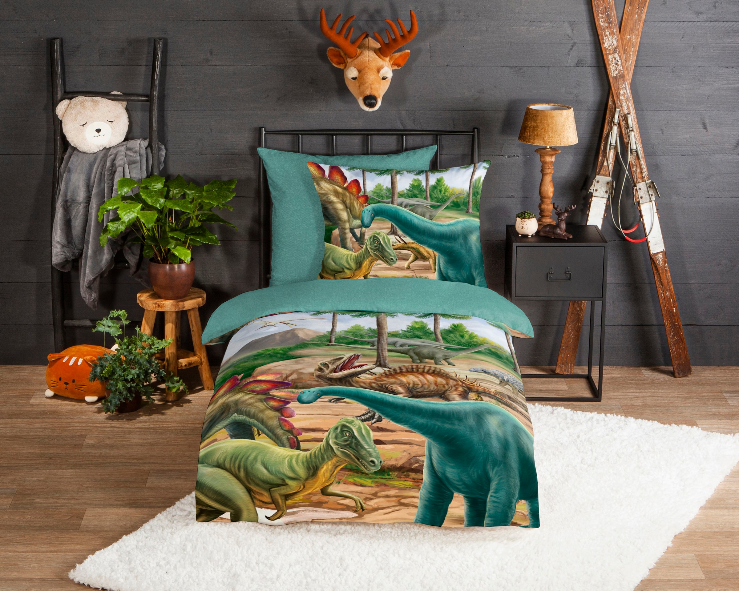 good morning Kinderbettwäsche »Prehistory Dinos«, Biber, 135x200, Weich, Warm, Reissverschluss, Wende, Kind, Junge, Dino