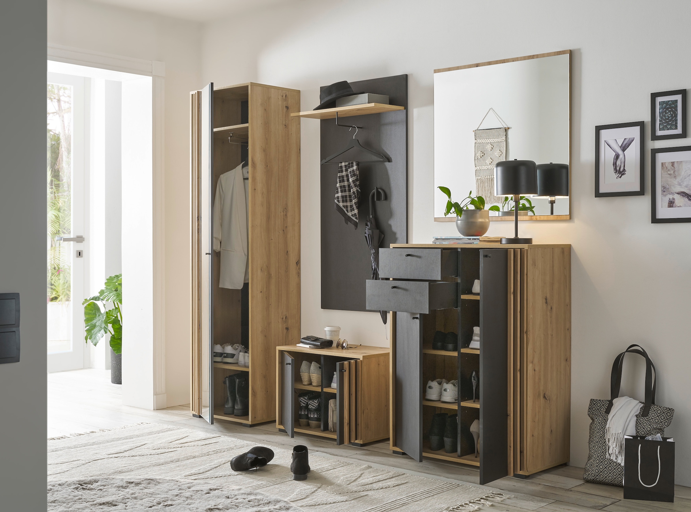 HBZ Schuhschrank »Volano in schwarz, BxHxT 80x106x38 cm«, (1 St.), Mit 2 Türen, 2 Schubkästen, 5 Einlegeböden