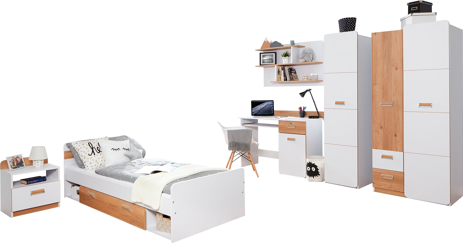 Ticaa Jugendzimmer-Set »Lori« Set, Bett, Schrank, Schreibtisch, Standregal, Wandregal, Nachttisch, 6 Stk. tlg. Bett + Schrank + Schreibtisch + Standregal + Wandregal + Nachttisch