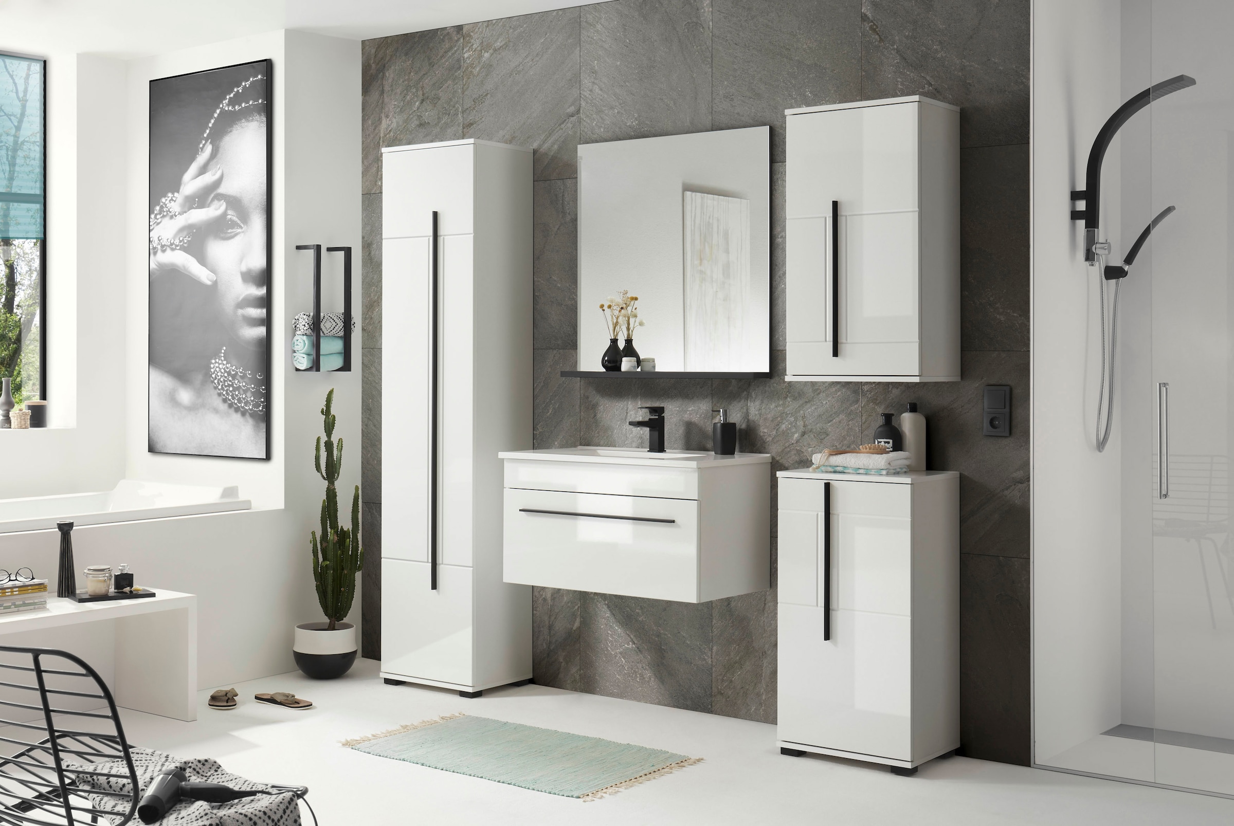 INOSIGN Unterschrank »Cantara, Badschrank in Hochglanz Weiss, Schrank im modernen Design«, mit schwarzen Griffen, ausreichend Stauraum