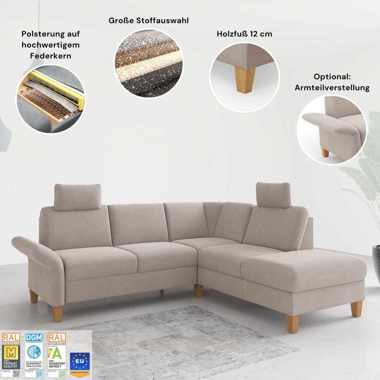 Home affaire Wohnlandschaft »Rochelle, U-Form«, optional mit Armteilverstellung, mit Bettfunktion & Bettkasten