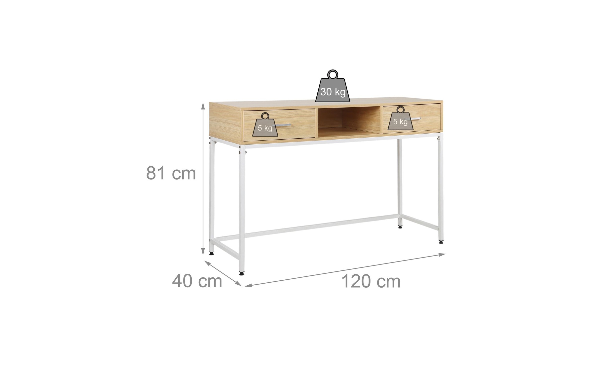 Console Relaxdays HxLxP 80x120x40 cm, 2 tiroirs, entrée & salon, design scandinave, métal/MDF, blanc/naturel
