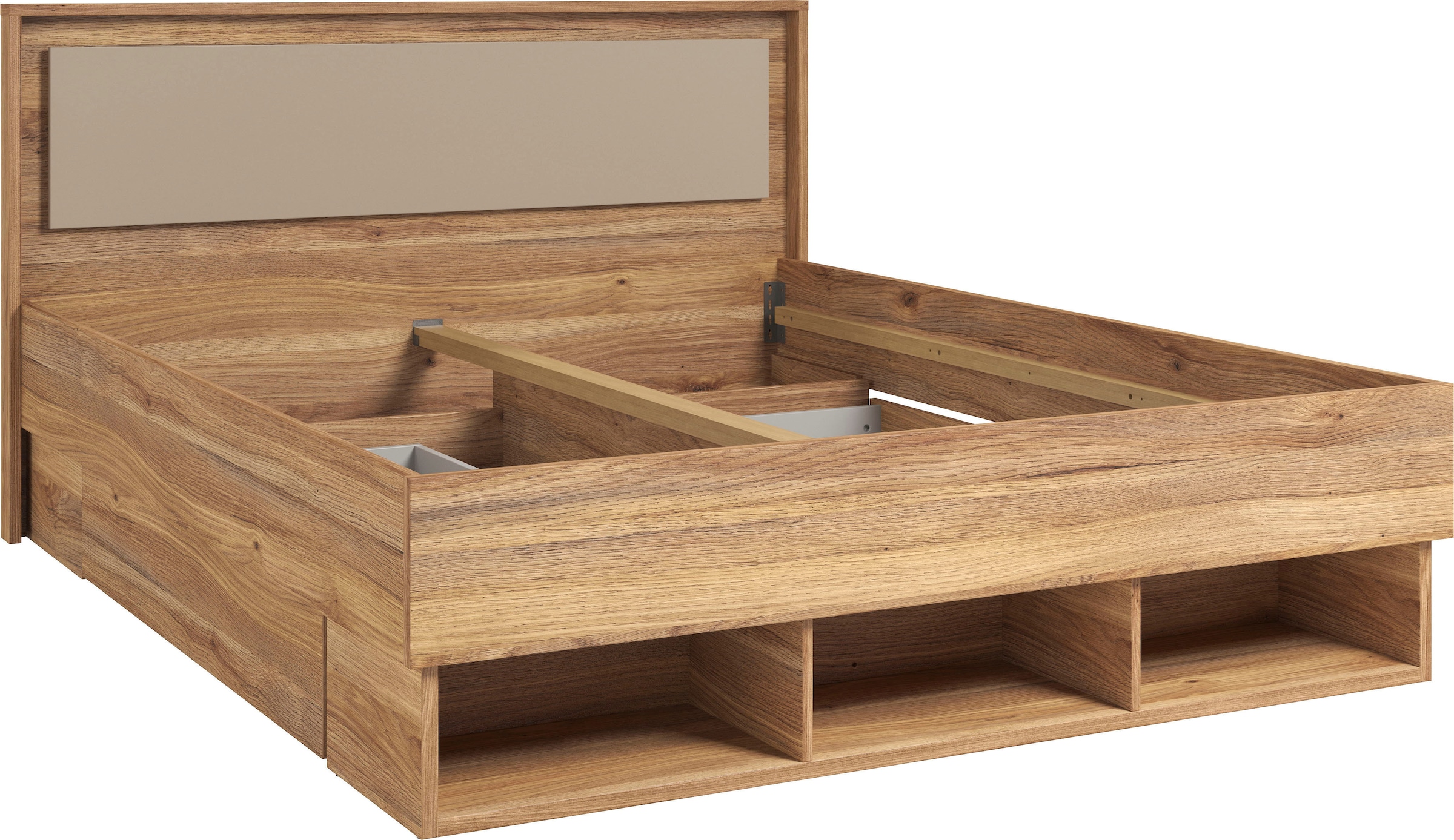Home affaire Bettgestell »Wharton, 140, 160 oder 180cm Breite, Made in Europe«, (mit oder ohne Stauraumschubladen), Doppelbett mit offenen Regalen, FSC-zertifizierter Holzwerkstoff