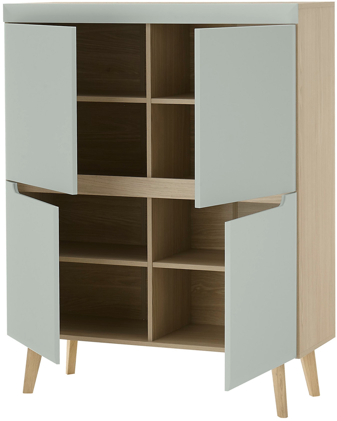 INOSIGN Highboard »Torge, Kommode, Schrank, Sideboard, Anrichte, Mehrzweckschrank«, (1 St.), abgeschrägte Füsse, drei Farben, Scandi Design, 107 cm breit