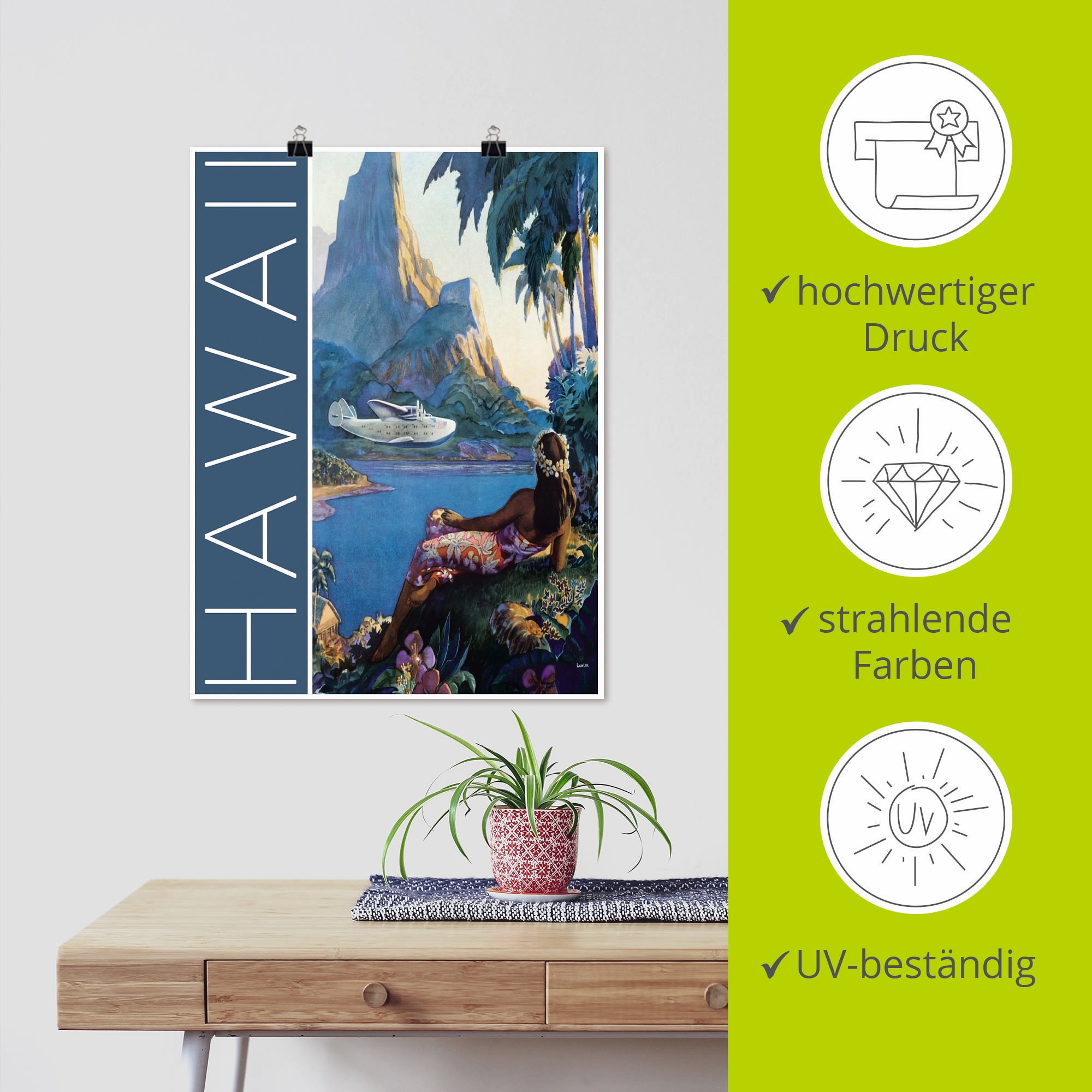 Artland Poster »Hawaii Vintage Reiseplakat«, Amerika, (1 St.), als Alubild, Leinwandbild, Wandaufkleber oder Poster in versch. Grössen