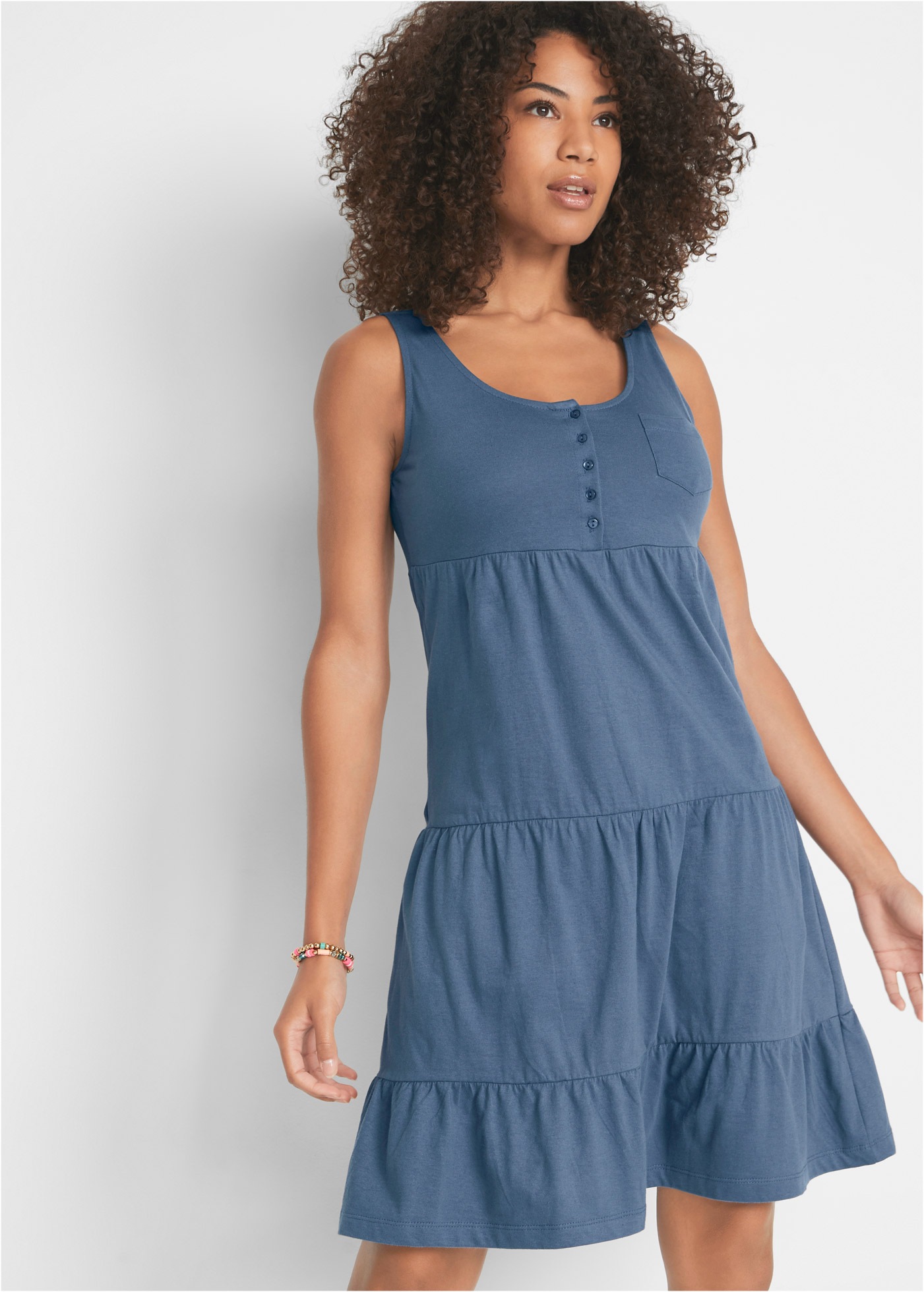 bonprix Jerseykleid »Baumwoll Jerseykleid, kurz« 2 Stk. tlg. mit Volant, Rundhalsausschnitt und Knopfleiste