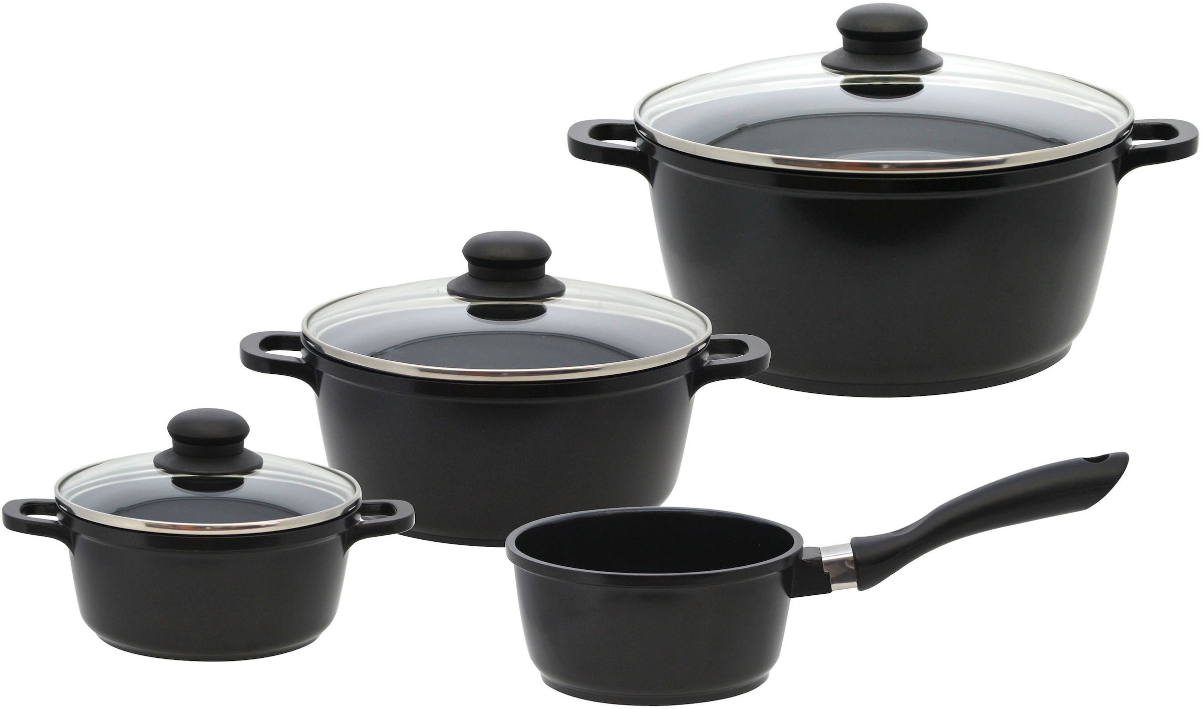 Elo Basic, Topf-Set »Black Cast« Set, 3 Töpfe mit Deckel, 1 Stielkasserolle, 7 Stk. tlg. Aluminiumguss, schwarz
