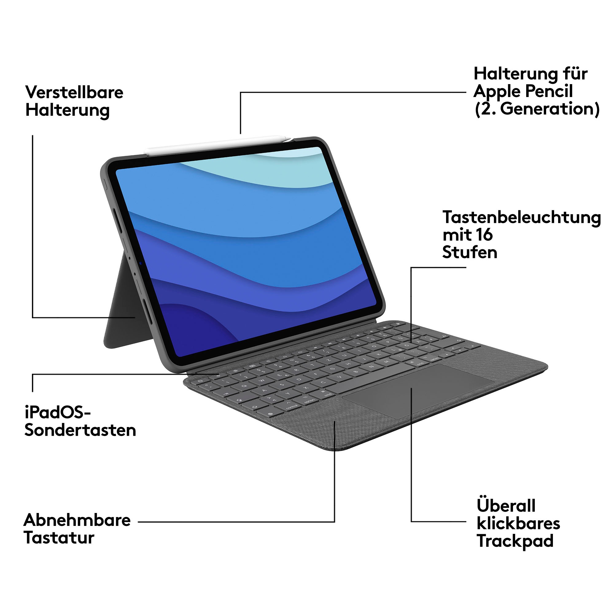 Logitech iPad-Tastatur »Combo Touch iPad Pro 11 Zoll«, (ausklappbare Füsse-Multimedia-Tasten)