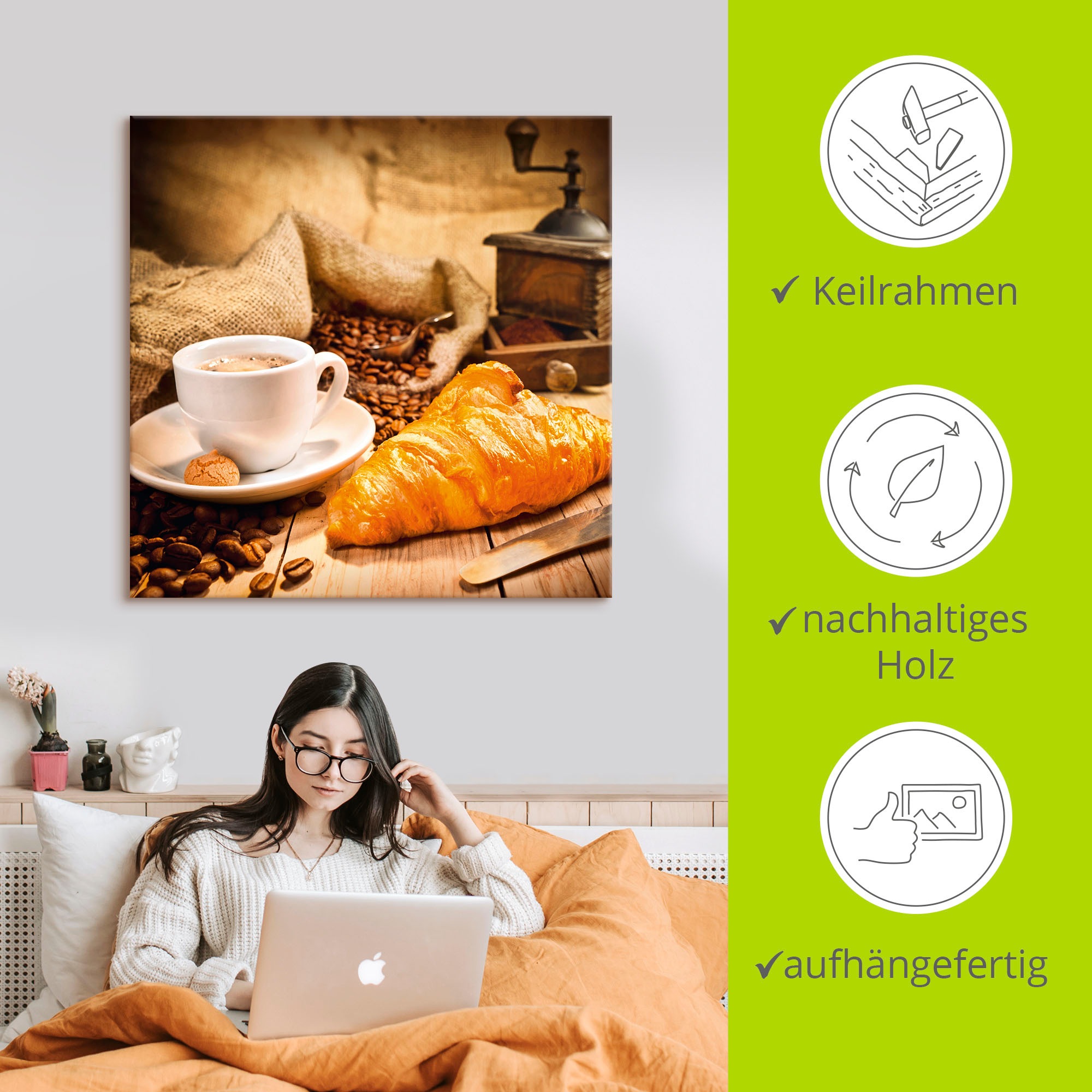 Artland Wandbild »Kaffeetasse mit Croissant«, Getränke, (1 St.), als Leinwandbild, Poster in verschied. Grössen