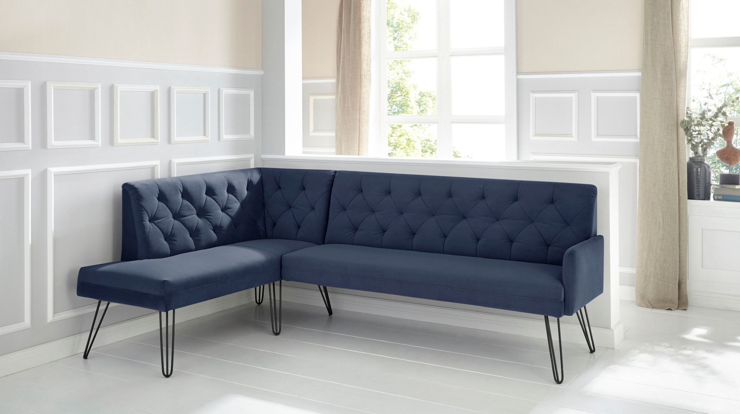 exxpo - sofa fashion Eckbank »Doppio, Chesterfield Optik, komfortabel und bequem, hohe Designfüsse«, Frei im Raum stellbar