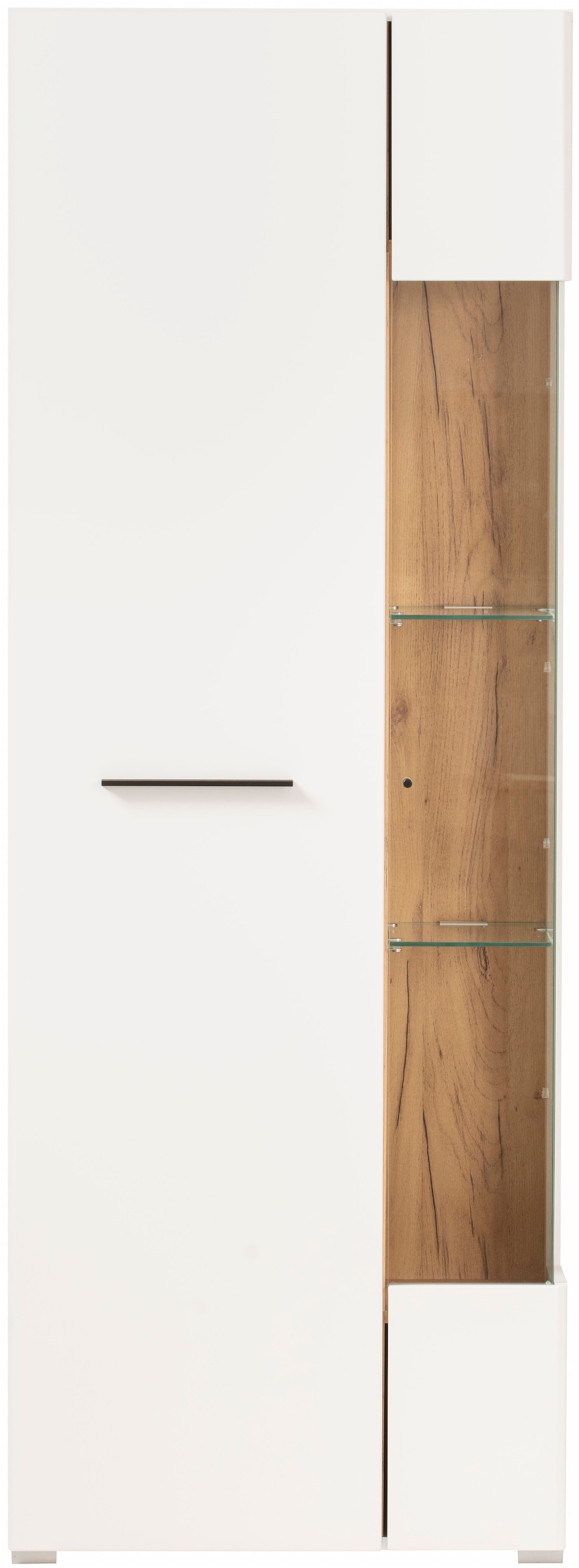 INOSIGN Vitrine »Salerno Hochschrank, Glasvitrine, Weiss mit Eiche Evoke Dekor, modern.«, Metallgriffe, ausreichend Stauraum, vielseitig einsetzbar, 72 cm breit