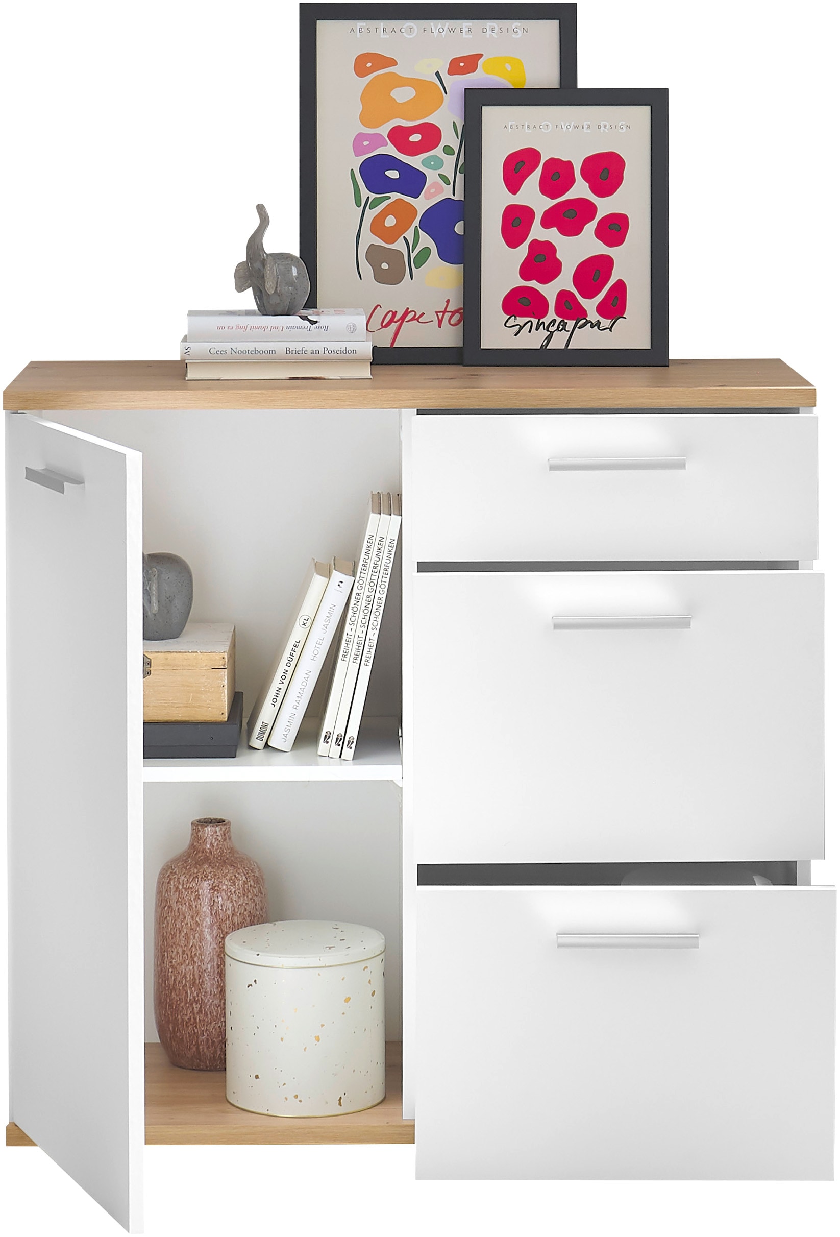 HBZ Kommode »BC1035 weiss matt, BxHxT 95x86x38 cm«, Kommode mit 1 Tür, 3 Schubkästen, 1 Einlegeboden