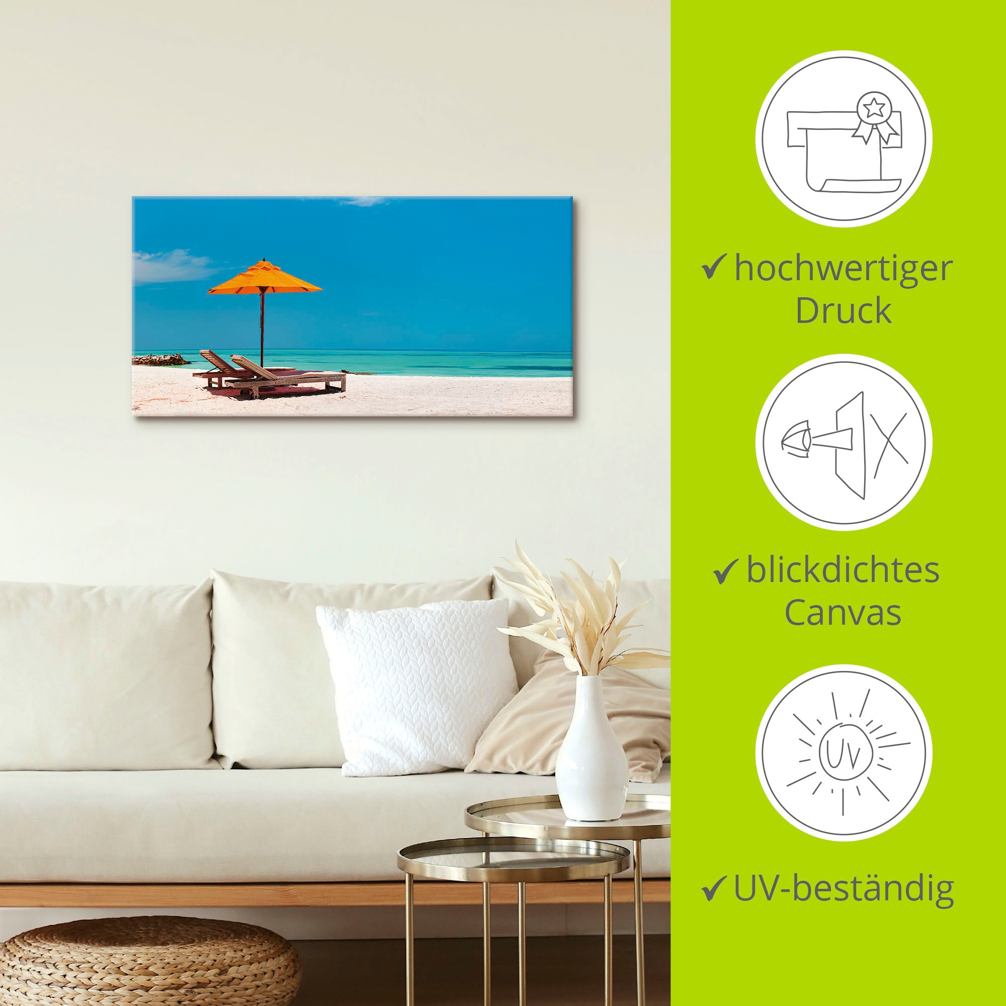Artland Wandbild »Liegestuhl Sonnenschirm Strand Malediven«, Strand, (1 St.), als Alubild, Outdoorbild, Leinwandbild, Poster, Wandaufkleber
