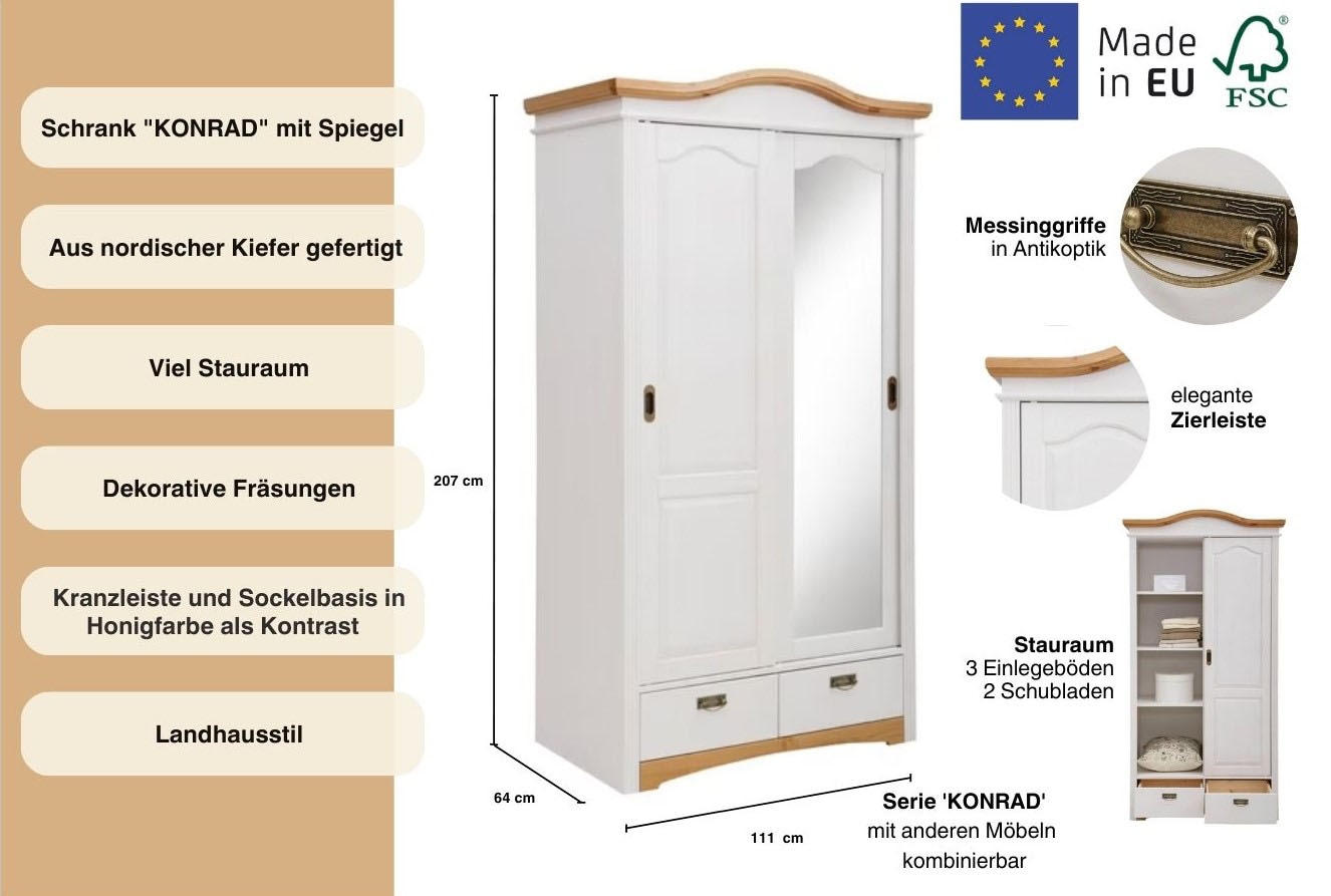Home affaire Schiebetürenschrank »Konrad«, (B/H/T ca. 111/207/64 cm), Breite 111 cm, aus massiver, FSC®-zertifizierter Kiefer
