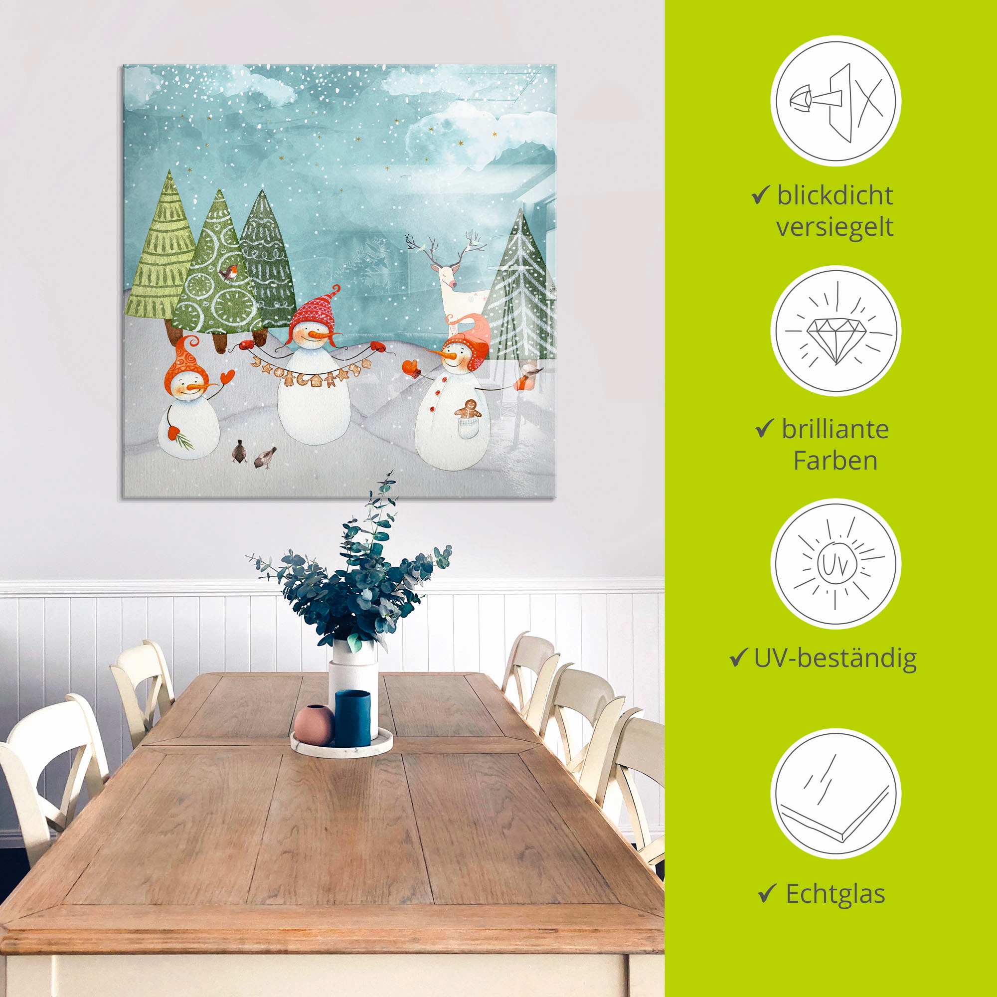 Artland Glasbild »Schneemänner und Tierfreunde«, Weihnachten, (1 St.), in verschiedenen Grössen