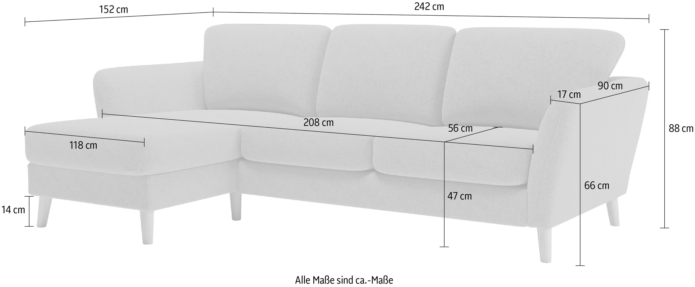 Home affaire Ecksofa »MARSEILLE (242/152cm),L-Form, Rec. rechts/links«, Massivholzbeine Eiche, Landhausstil, Wellenunterfederung