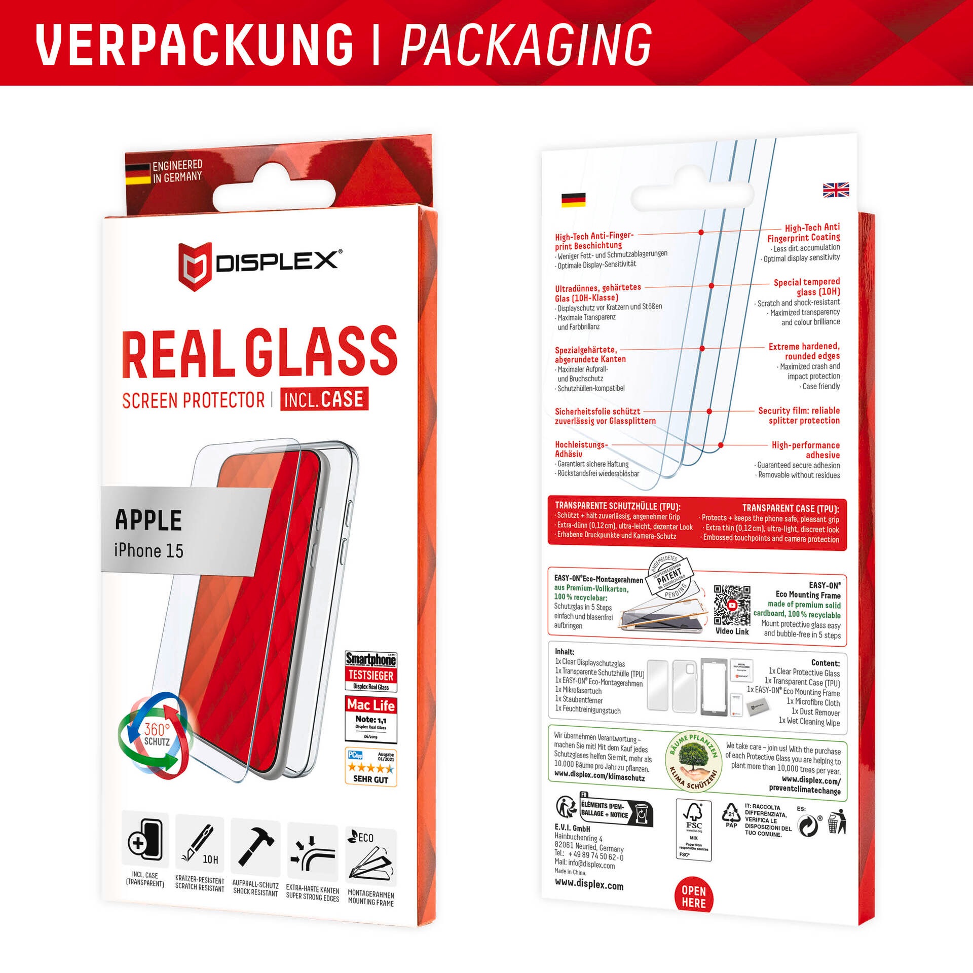 Displex Displayschutzglas »Real Glass + Case«, für Apple iPhone 15, Displayschutzfolie Displayschutz Rundumschutz 360 Grad splitterfest
