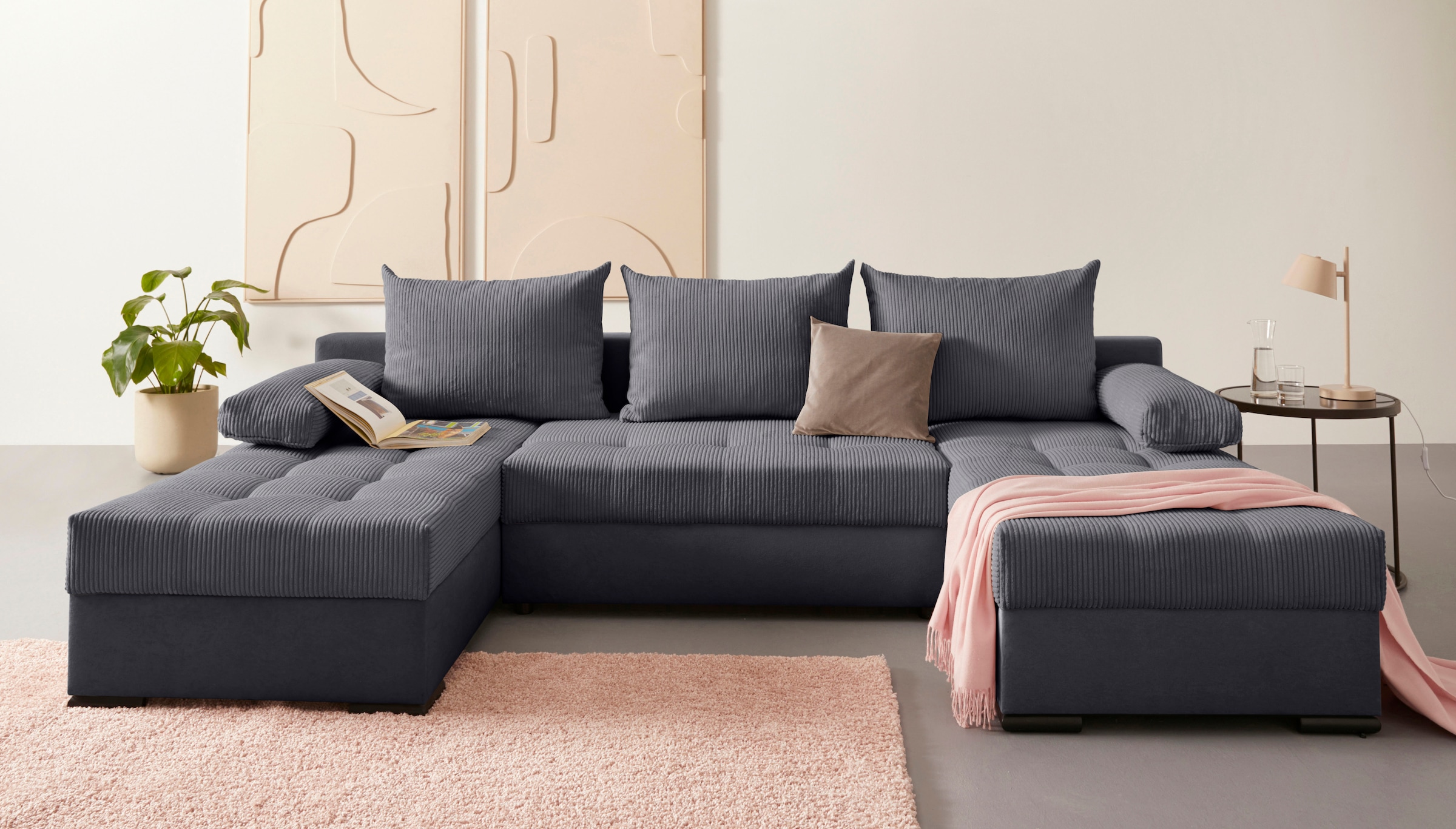 COLLECTION AB Wohnlandschaft »Josy, U-Form, Schlafsofa mit Bettkasten«, (Cord-/Mix), flexible Recamiere, Breite: 269cm, inklusive Rückenkissen, Cord/Mix