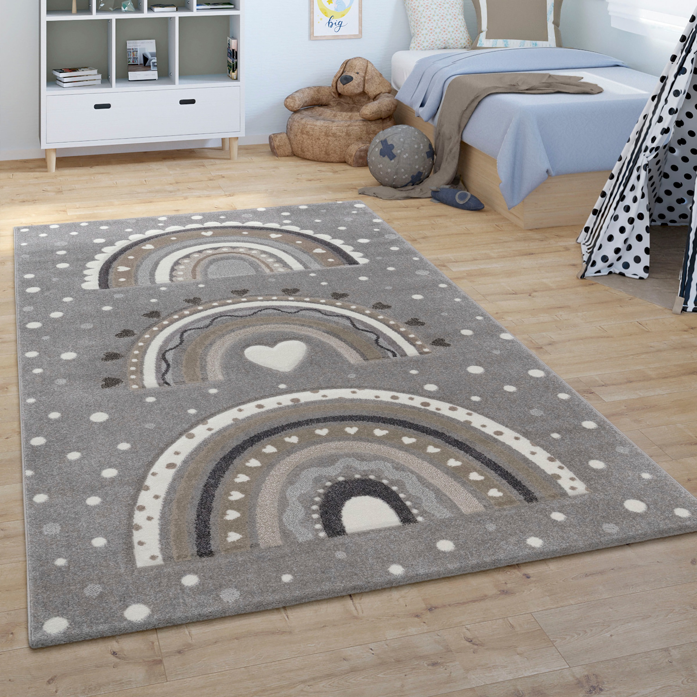 Paco Home Kinderteppich »Cosmo 964«, rechteckig, 16 mm Höhe, Spielteppich, Kurzflor 3D-Effekt, gepunktet, Motiv Regenbogen