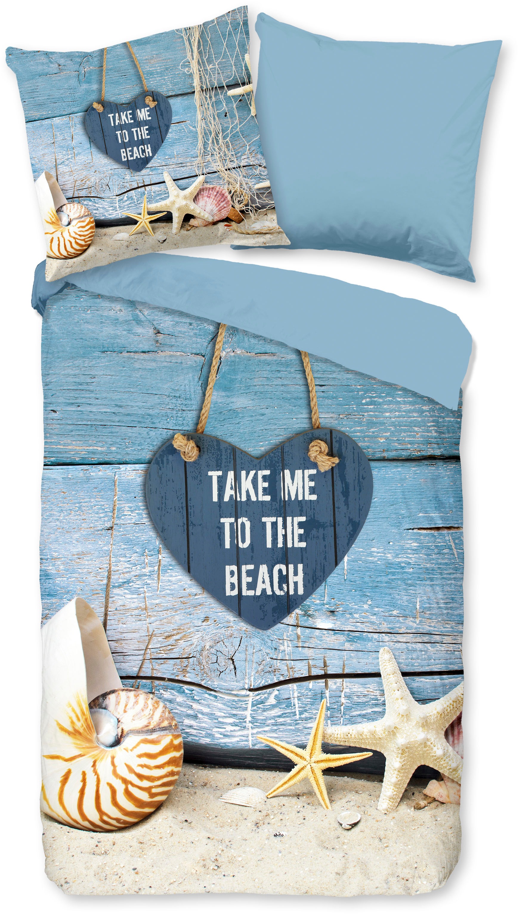 PURE luxury collection Wendebettwäsche »Beach heart«, Mikrofaser, 135x200, Pflegeleicht, Reissverschluss, Wende, Strand, Blau