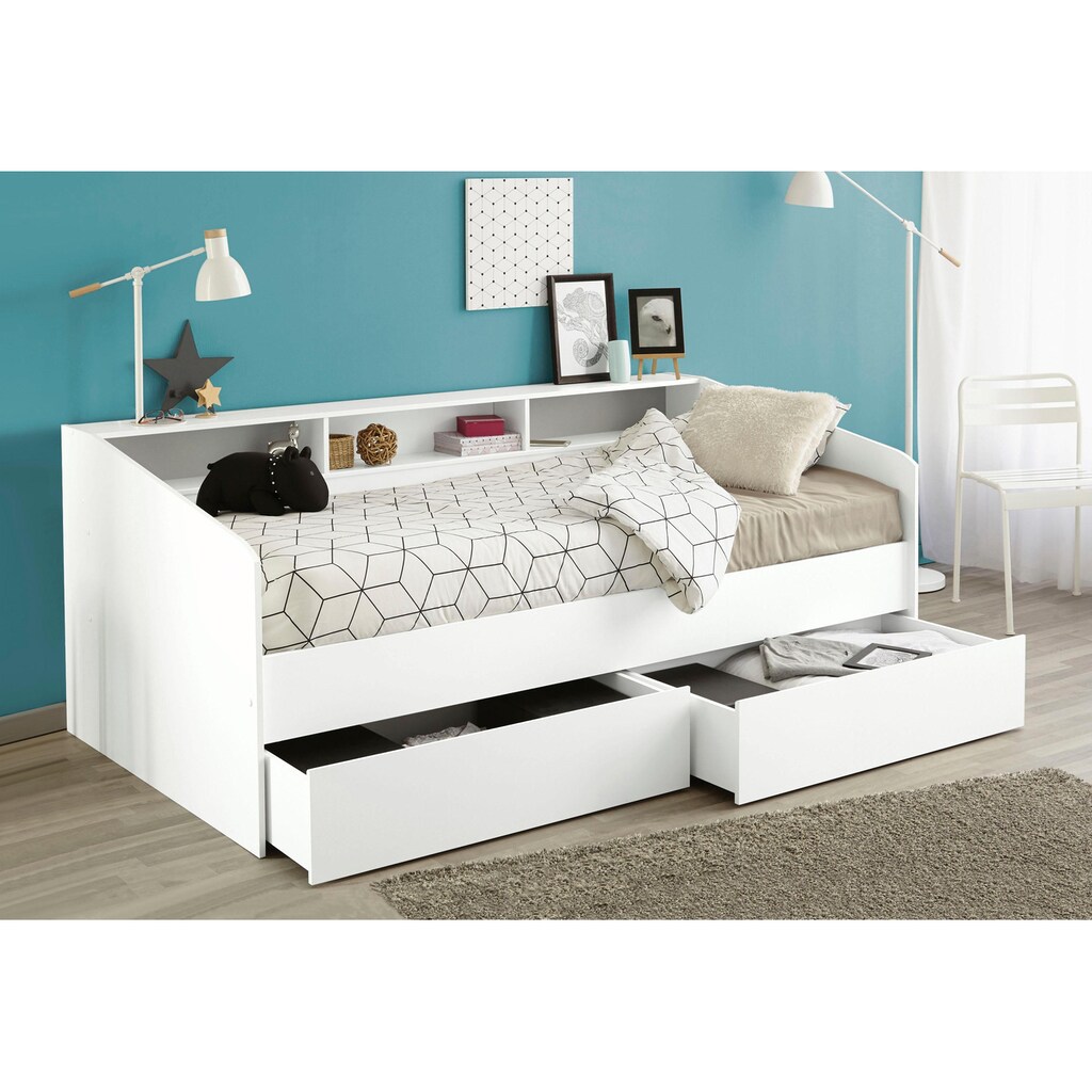 Parisot Stauraumbett »Sleep, Daybed, Kinderbett, Rückwand der Regale drehbar (farbig + weiss)«