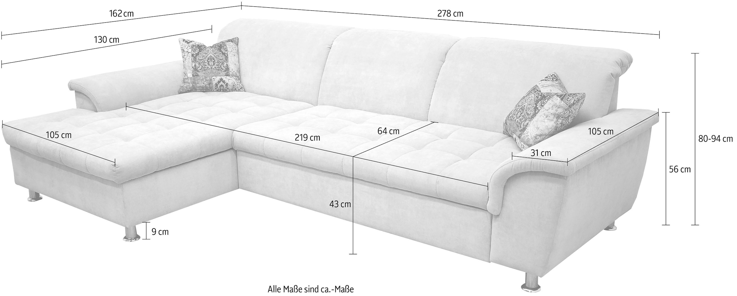 DOMO collection Ecksofa Franzi, wahlweise mit Bettfunktion, Bettkasten und Kopfteilverstellung