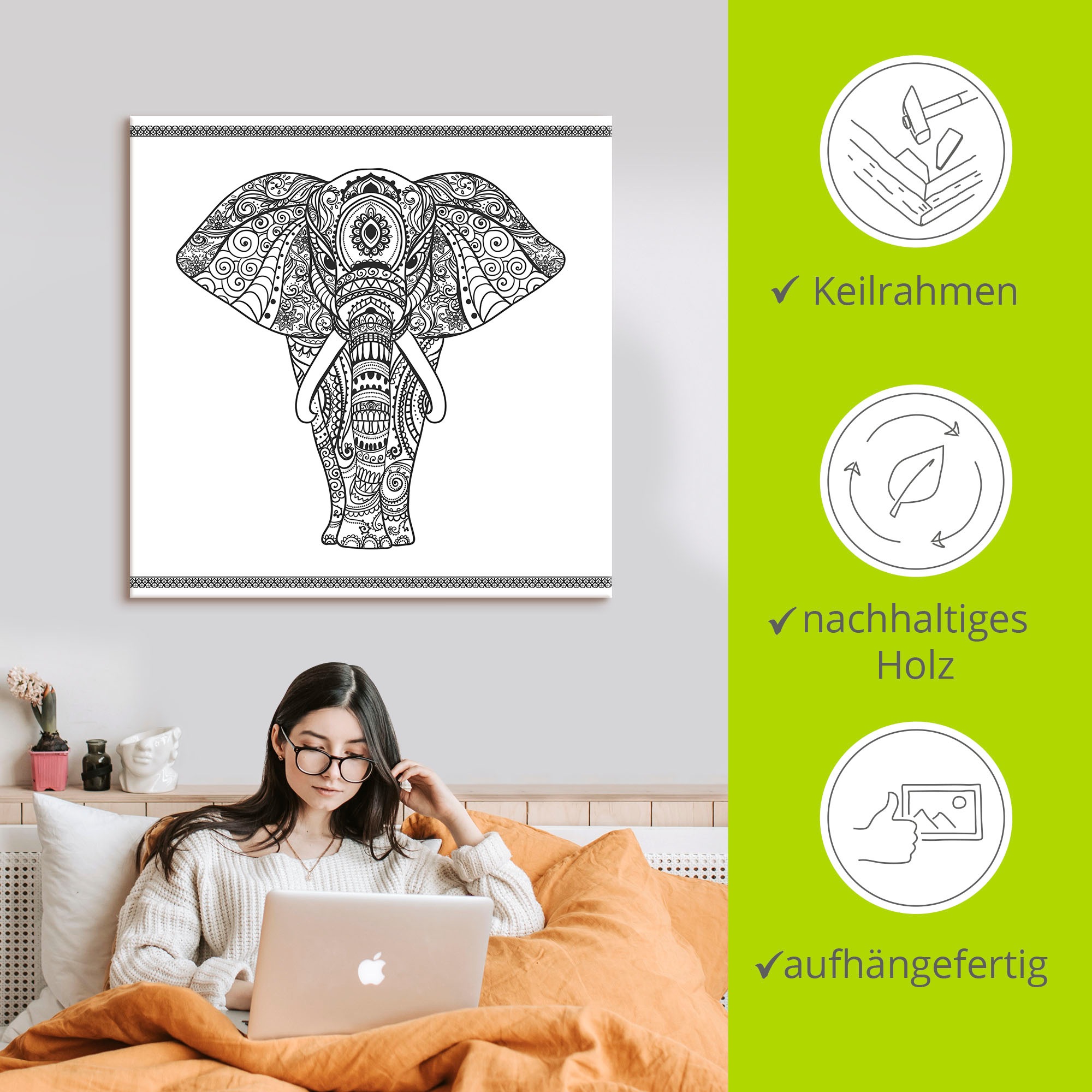 Artland Wandbild »Elefant in Mandala«, Wildtiere, (1 St.), als Leinwandbild, Poster, Wandaufkleber in verschied. Grössen