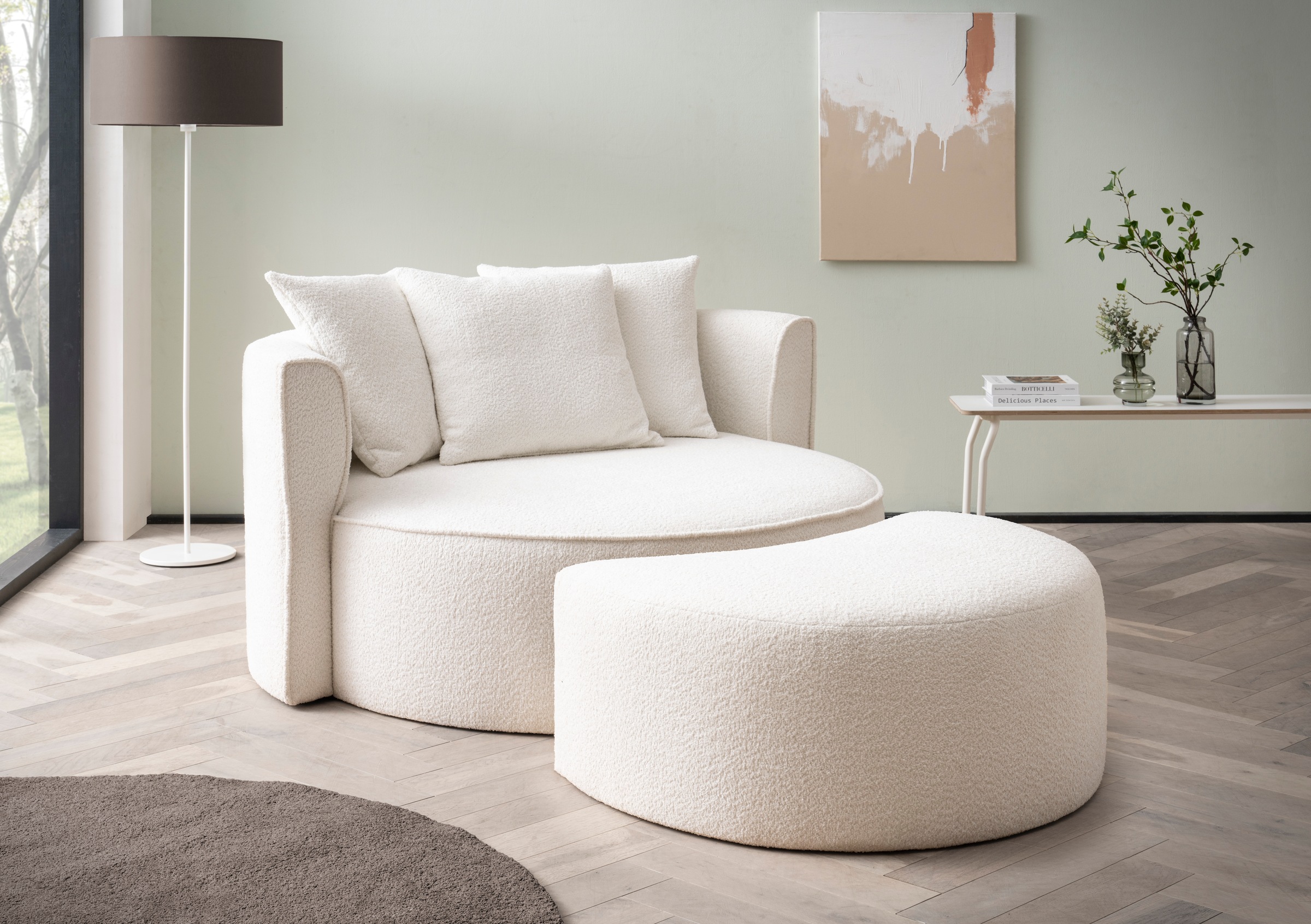 LeGer Home by Lena Gercke XXL-Sessel »Isalie, Rundsessel mit Hocker, Lesesessel, Loveseat, Big-Sessel«, (Set), trendige Stoffe, mit 3 Zierkissen, grosse Sitzfläche