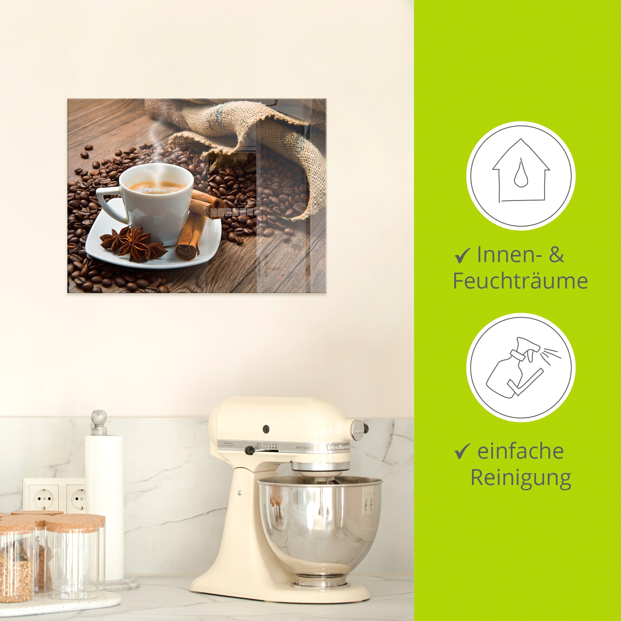 Artland Glasbild »Kaffeetasse Leinensack mit Kaffeebohnen«, Getränke, (1 St.), in verschiedenen Grössen