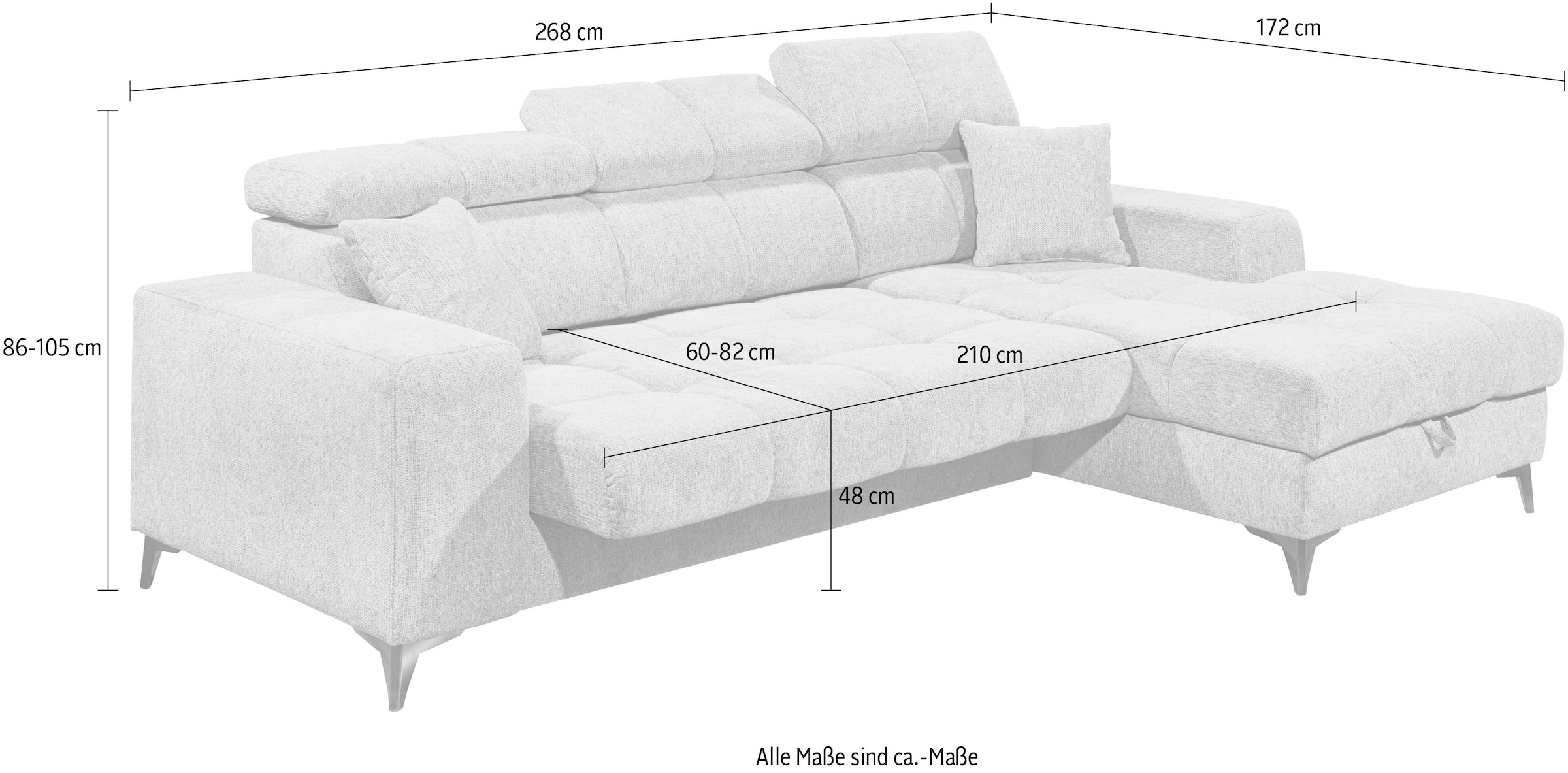 ED EXCITING DESIGN Ecksofa »Sydney L-Form mit Bettfunktion, Bettkasten, Kopfteilverstellung«, motorischer Sitztiefenverstellung, USB-Port & 2 Zierkissen