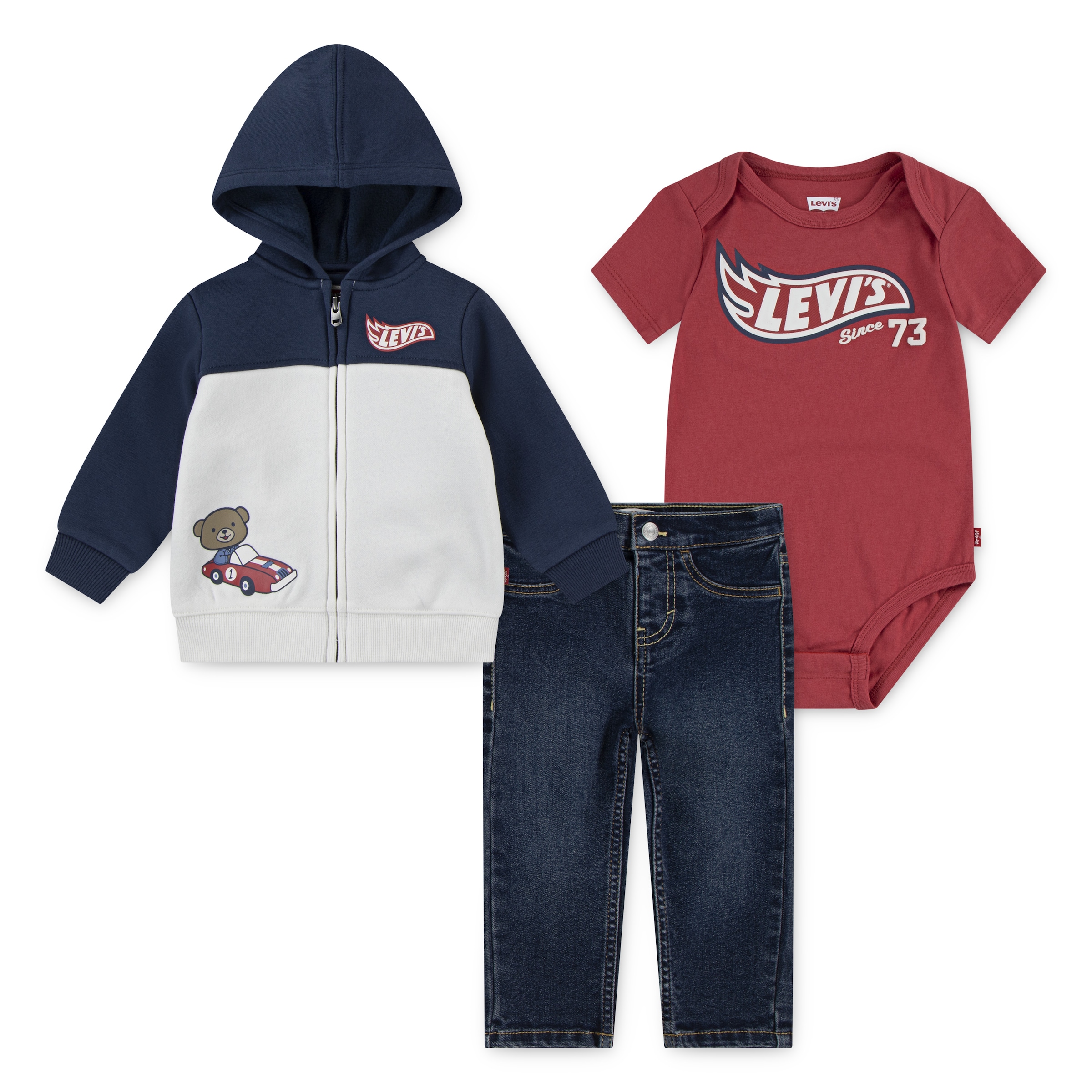 Levi's® Kids Shirt, Hose & Jäckchen »Bestehend aus Body, Jeans und Kapuzen-Sweatjacke« Set, 3 Stk.