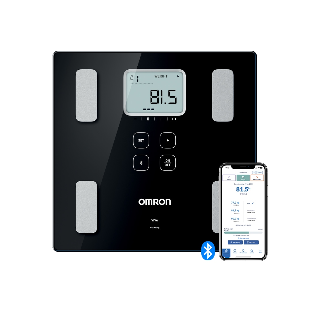 Omron Körper-Analyse-Waage »VIVA misst Gewicht, Muskelmasse, Körper- & Viszeralfett, BMI & RMR« präzise Messung bis 180 kg, 4 Nutzer & Gastmodus, mit App