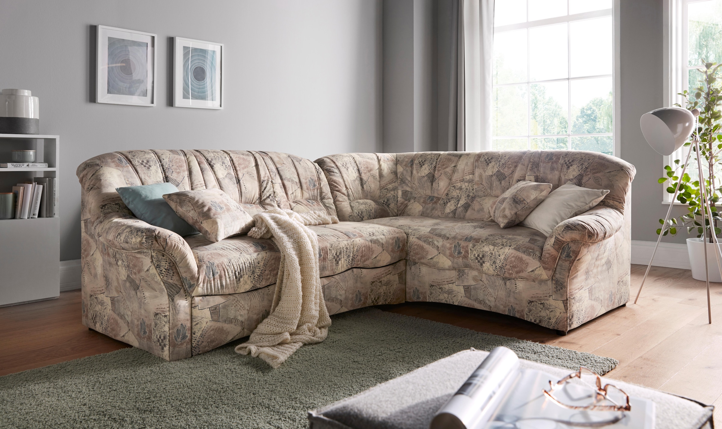 DOMO collection Ecksofa "Bahia, zeitlos & elegant, Breite 256cm, bequeme Armlehnen, L-Form" Microfaser, natur