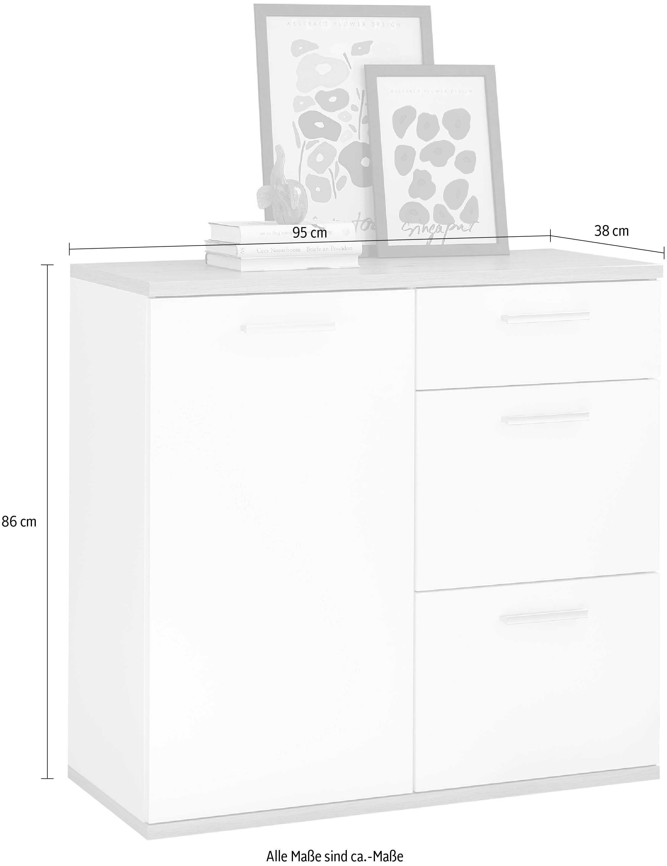 HBZ Kommode »BC1035 weiss matt, BxHxT 95x86x38 cm«, Kommode mit 1 Tür, 3 Schubkästen, 1 Einlegeboden