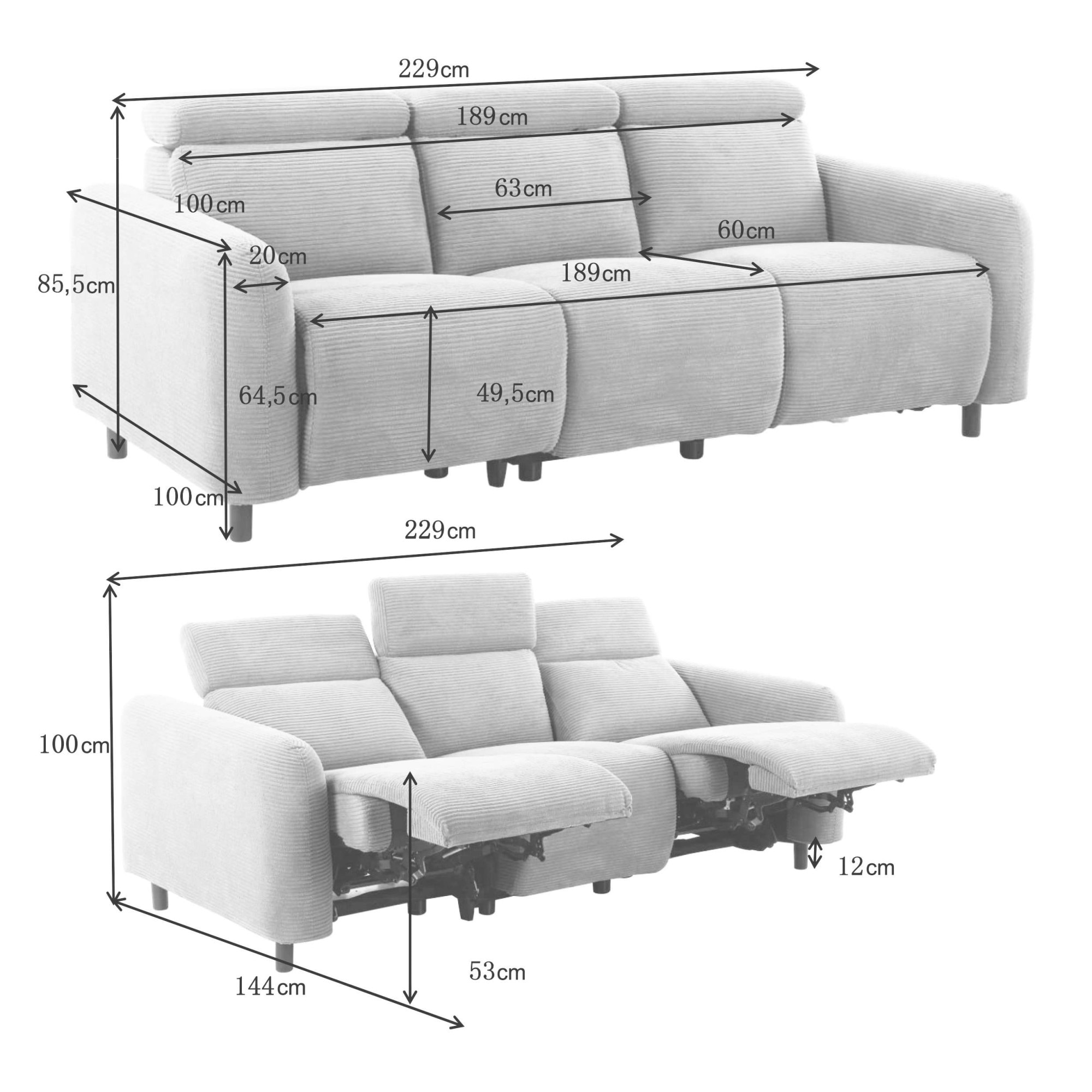Home affaire 3-Sitzer »SKAANE in Cord, Sofa mit manueller u. elektrischer Relaxfunktion«, Relax-Funktion in 2 Sitzen, Kopfteilverstellung, Federkernpolsterung