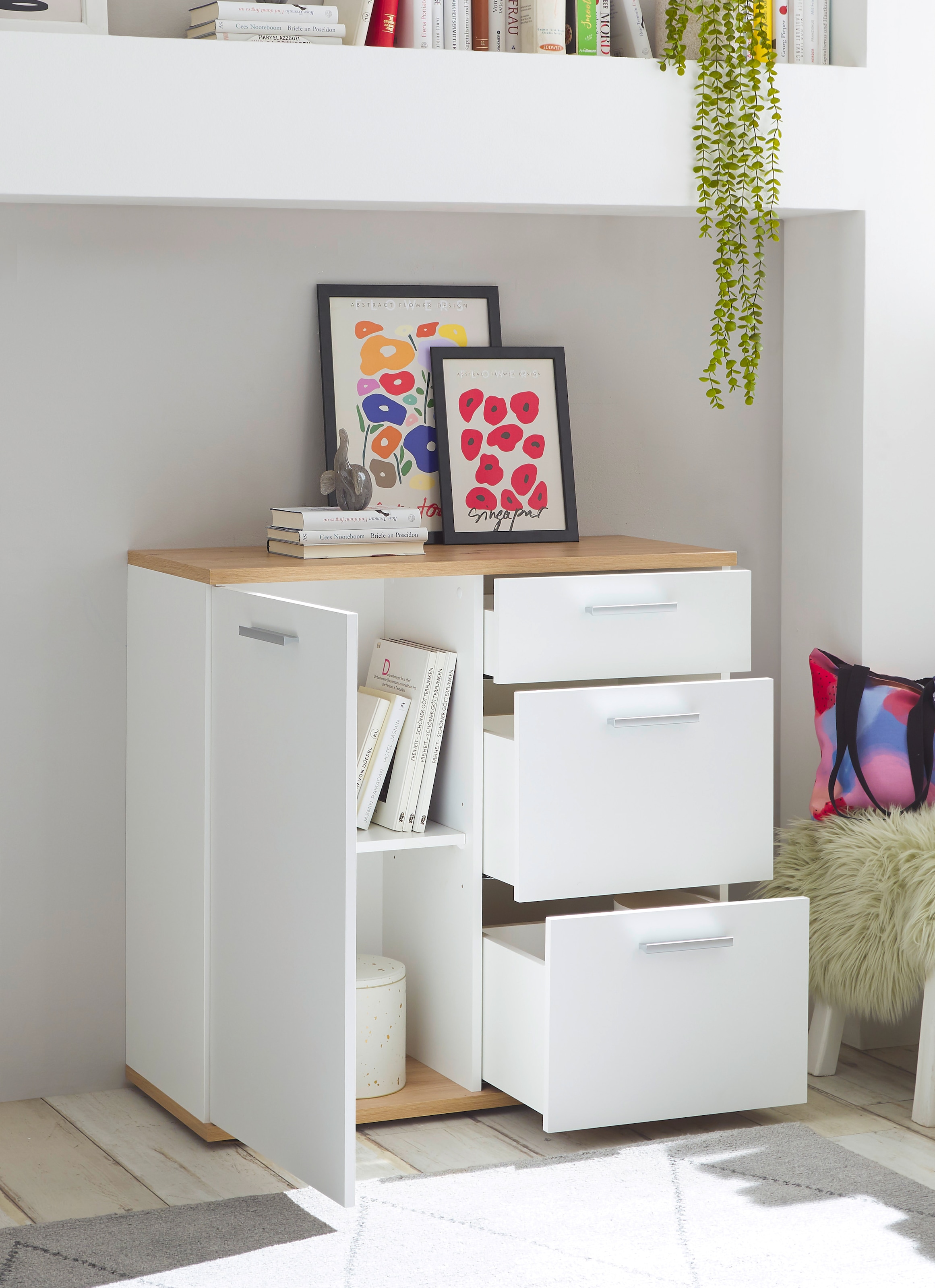 HBZ Kommode »BC1035 weiss matt, BxHxT 95x86x38 cm«, Kommode mit 1 Tür, 3 Schubkästen, 1 Einlegeboden