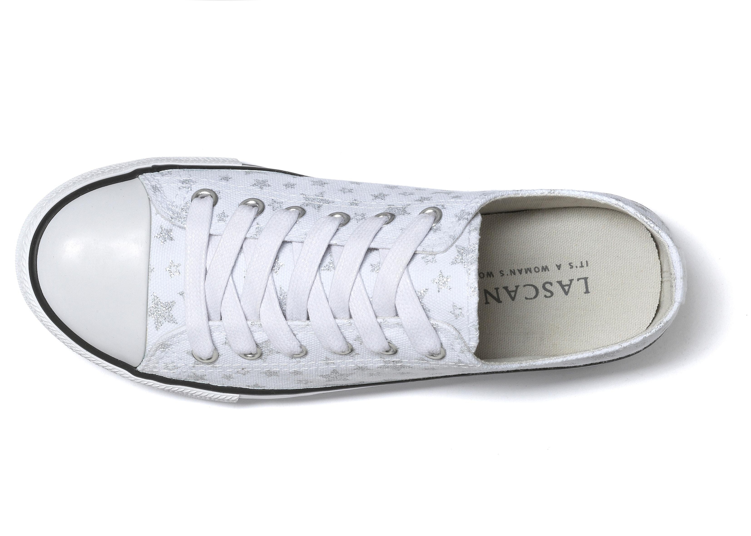 LASCANA Sneaker »Schnürhalbschuh«, aus Textil mit Sternenprint in Glitzer-Optik, Freizeitschuh