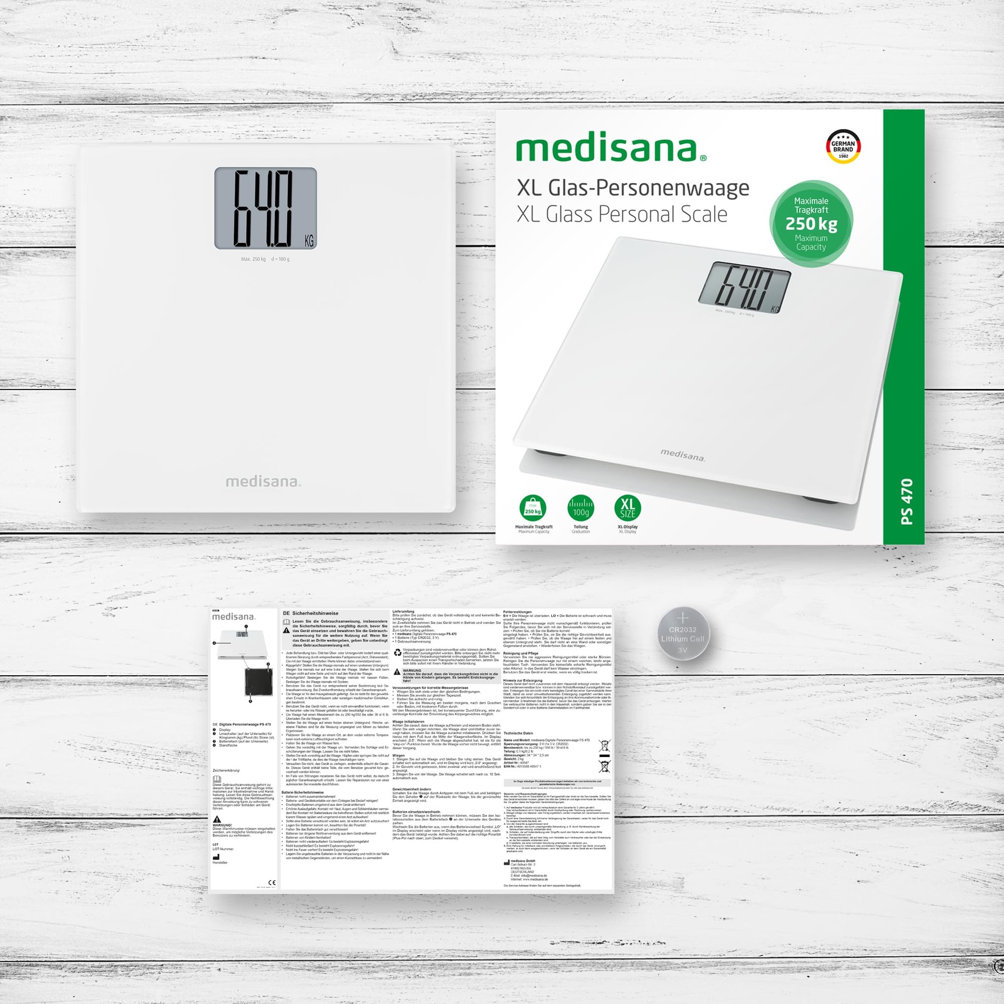 Medisana Personenwaage »PS 470 XL«, Extra grosses LCD-Display mit grossen Ziffern, Tragkraft 250 kg