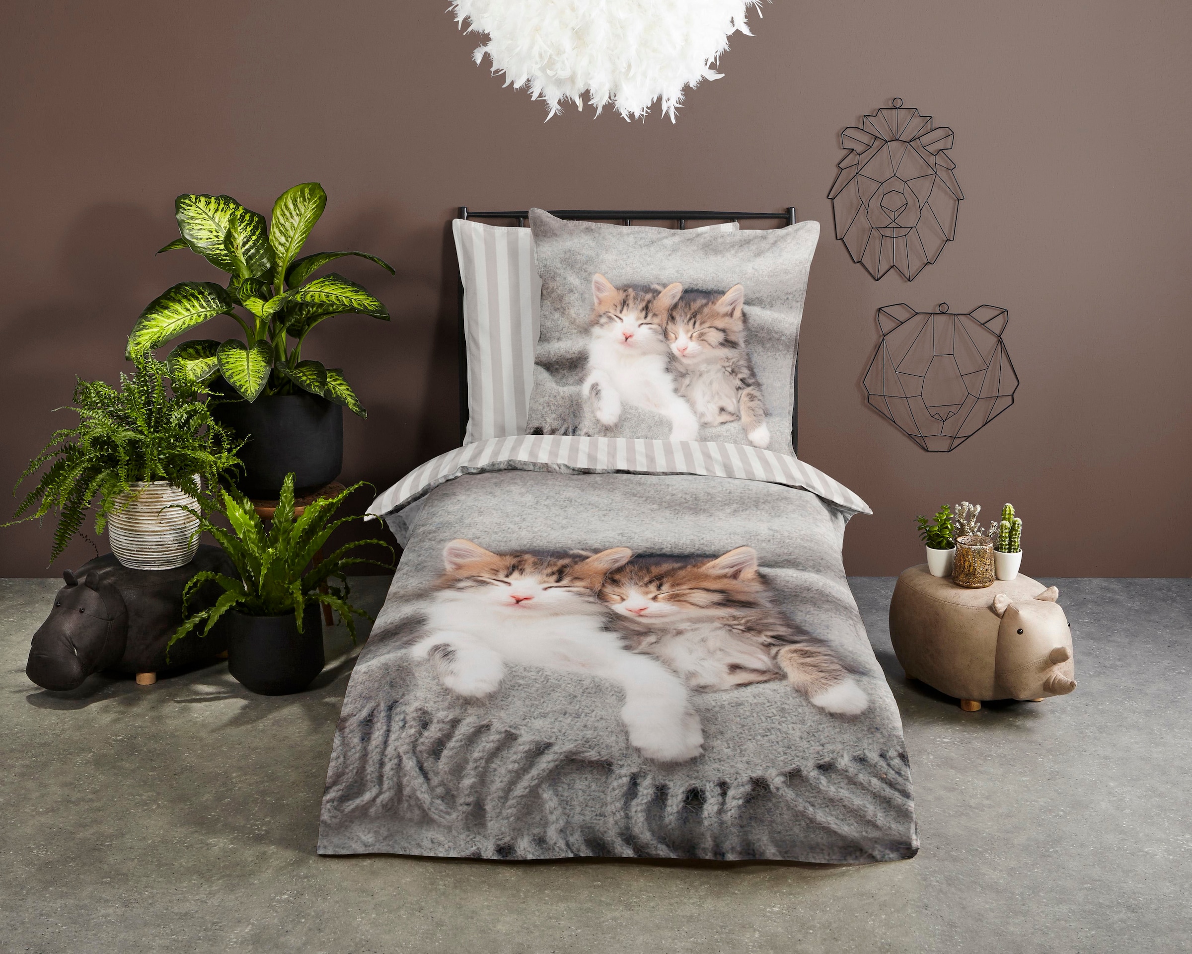 PURE luxury collection Kinderbettwäsche »Snooze«, Mikrofaser, 135x200, Pflegeleicht, Reissverschluss, Wende, Kind, Katze