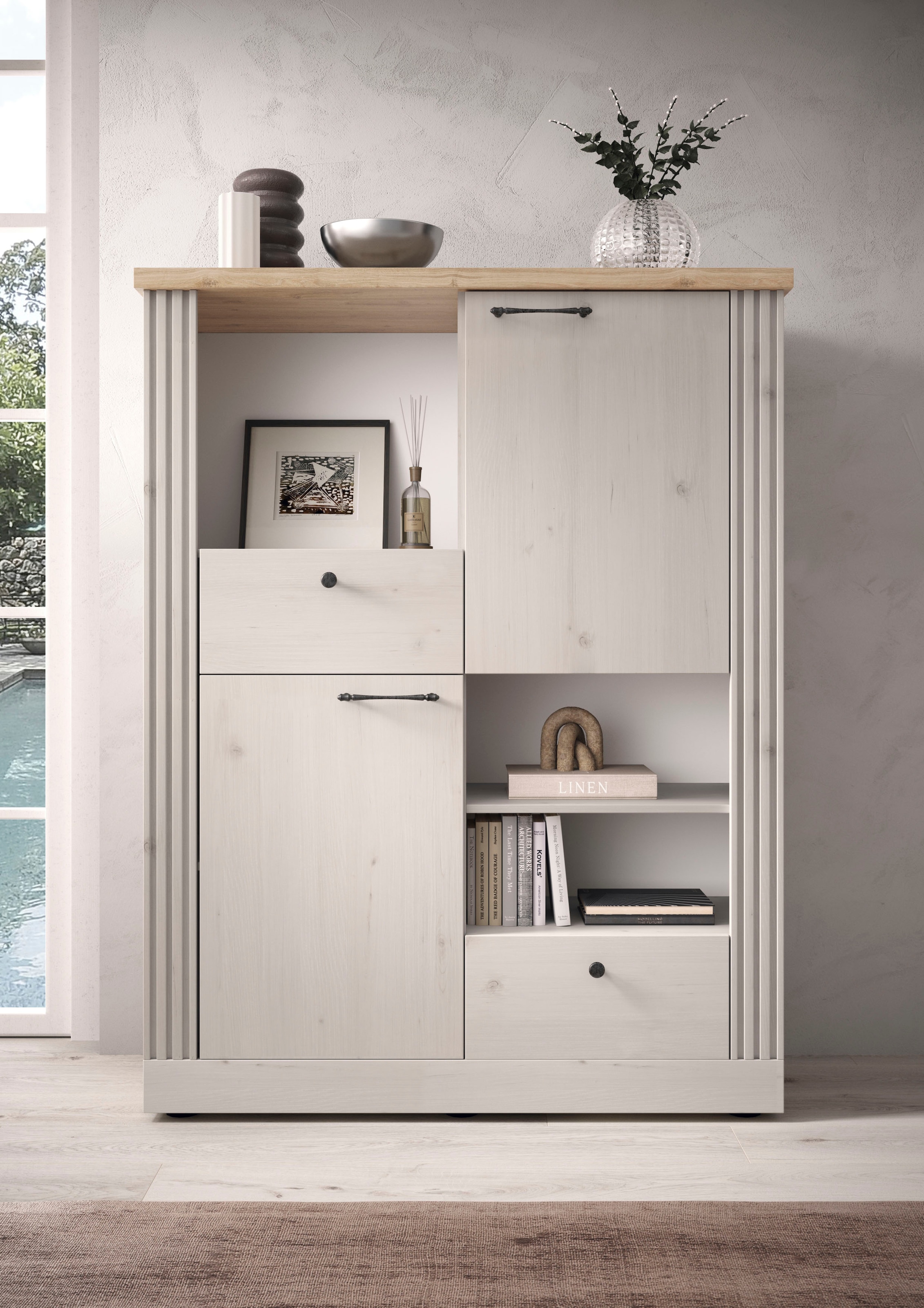 Home affaire Highboard »Country Höhe 160 cm u. Breite 118 cm, Kommode 2 Türen, 2 Schubkästen,«, Schrank im Landhausstil, viel Stauraum, mit Metallgriffe, MDF-Rahmen