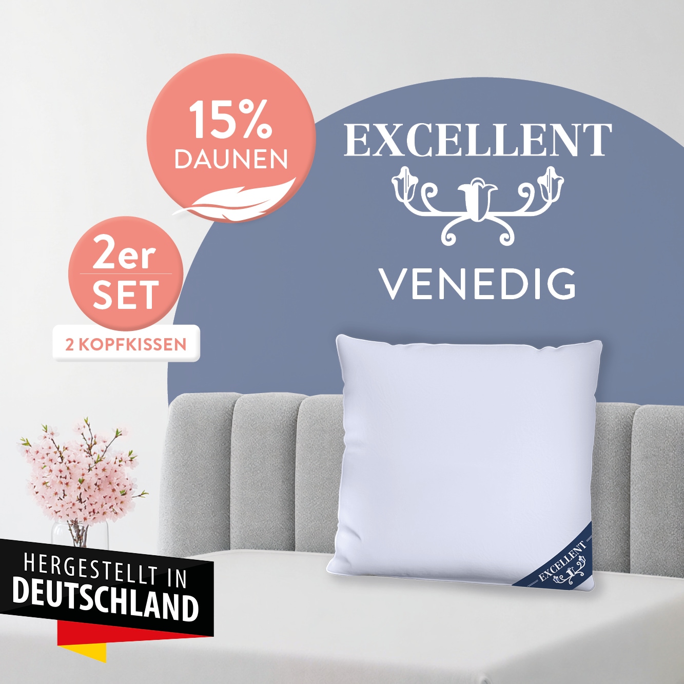 Excellent Kopfkissen "Venedig, Kuschel- oder Kopfkissen 1-tlg. oder 2 -tlg." Füllung: 85% Federn / 15% Daunen 2 Kopfkissen, 2 Stk. tlg. Deko- oder Kopfkissen in vielen Größen