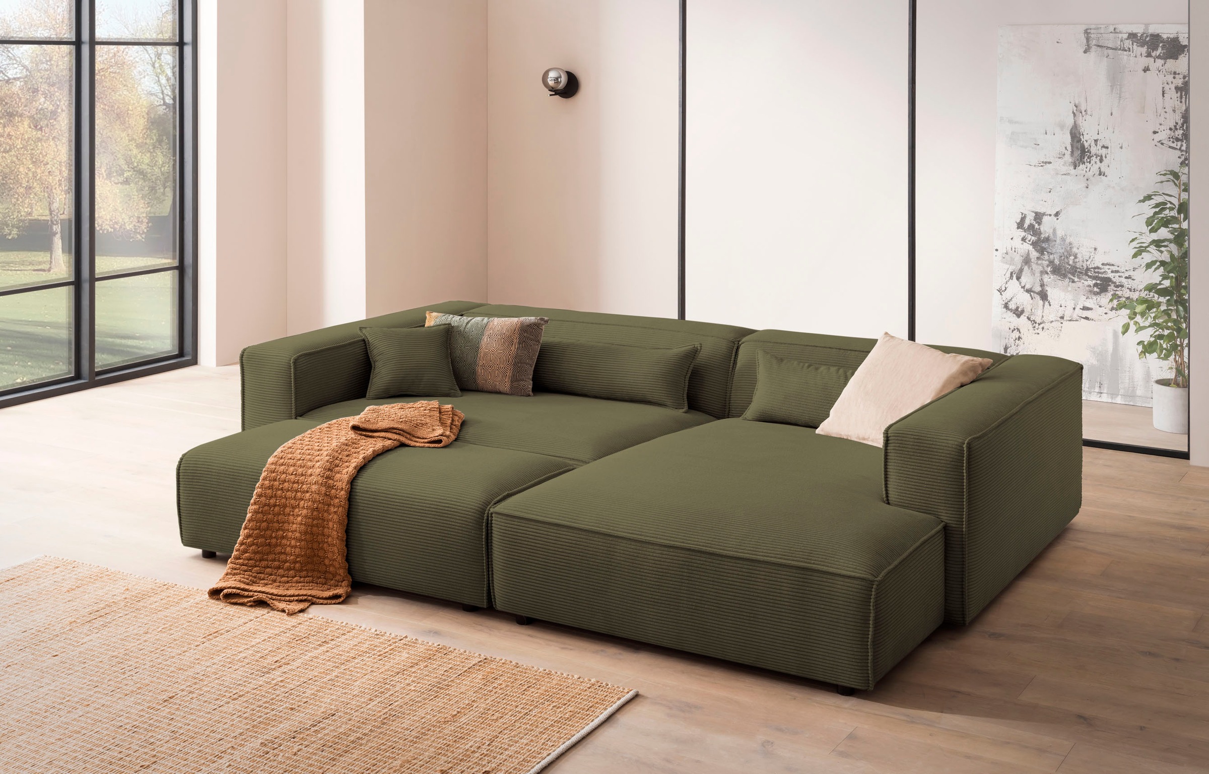LeGer Home by Lena Gercke Polsterecke »PIARA XXL, L-Form, Schlaffunktion, Cord, Leinenoptik o. Strukturstoff«, Hocker stellbar zum Schlafsofa (Krokodilverbinder), tiefe Sitzfläche
