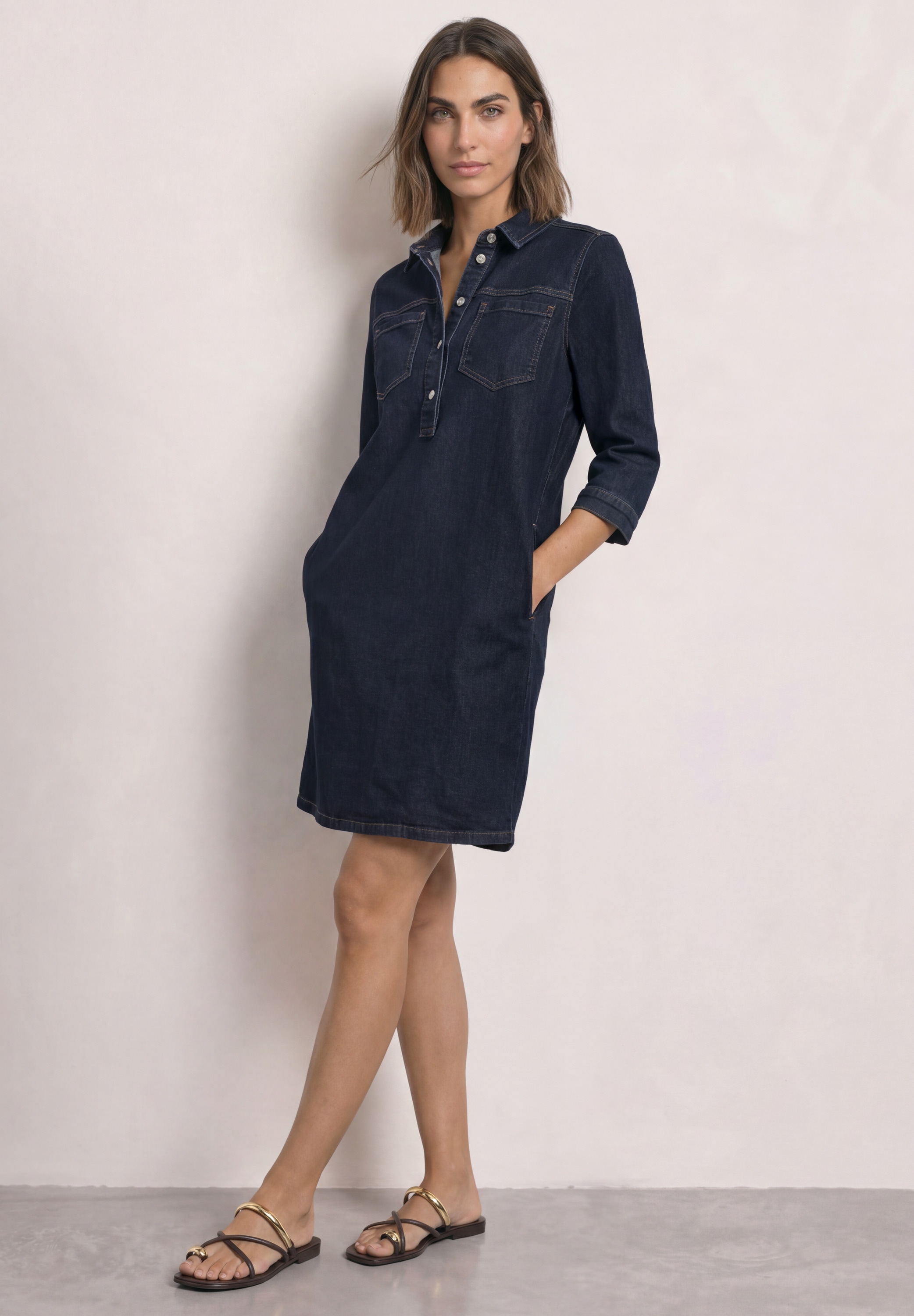 STREET ONE Jeanskleid Brusttaschen Knielanges Denim Sommerkleid mit 3/4-Arm