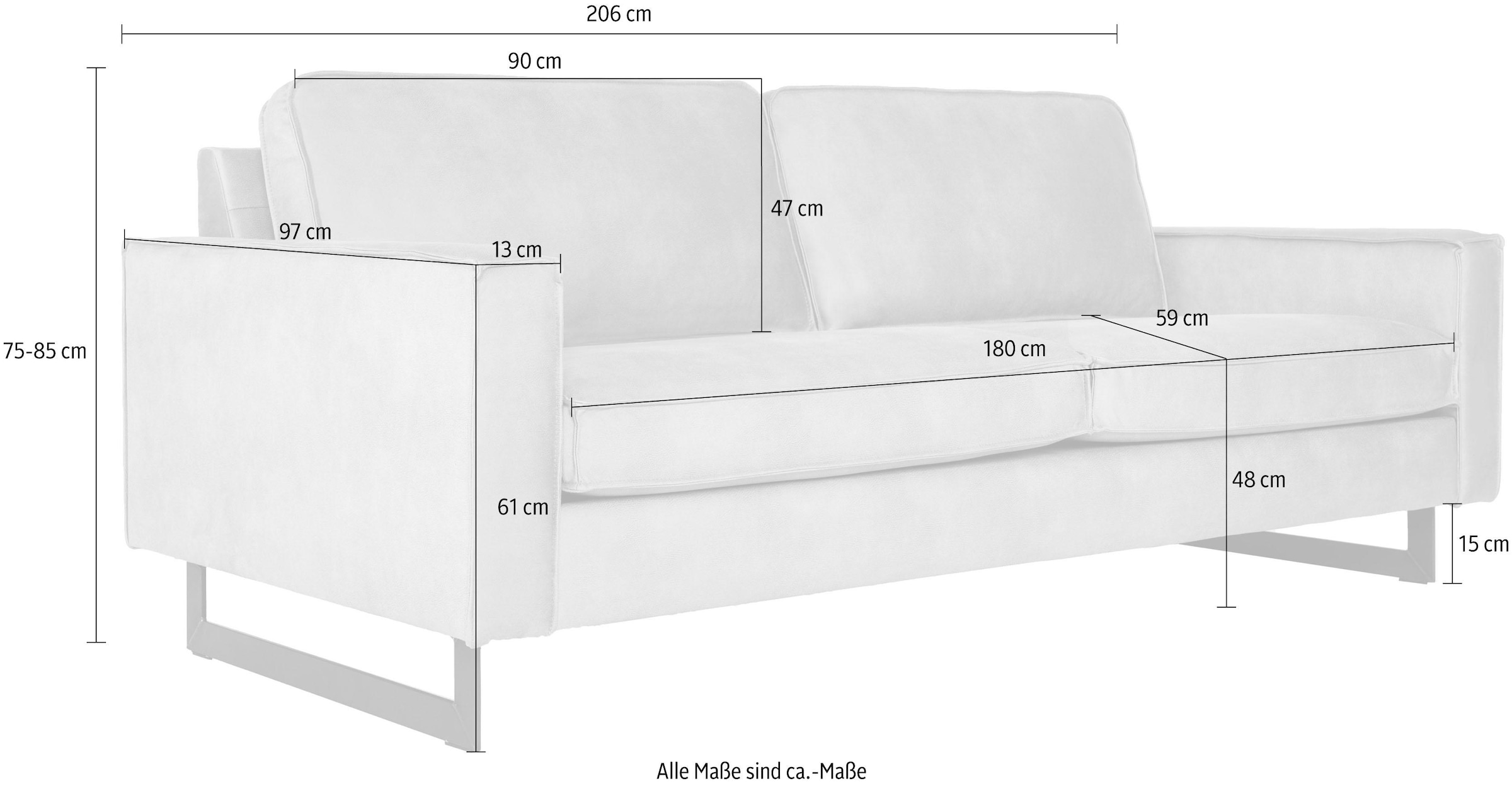 Places of Style 3-Sitzer »Pinto, 206 cm, Cord, Chenille, Lederoptik«, mit Keder, schwarze Metallfüsse, Wellenunterfederung