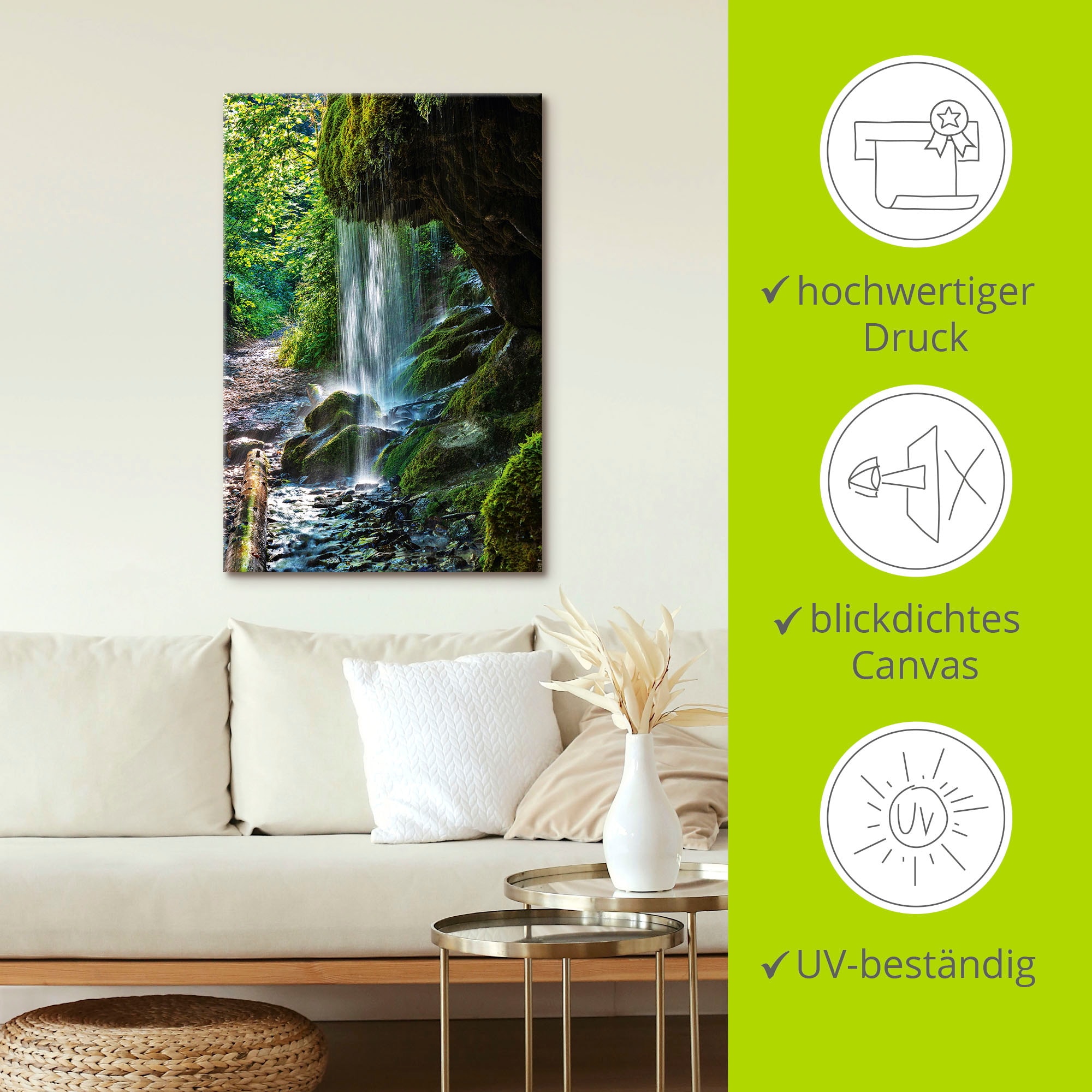 Artland Wandbild »Moosbedeckter Wasserfall«, Wasserfallbilder, (1 St.), als Alubild, Outdoorbild, Leinwandbild, Wandaufkleber, versch. Grössen