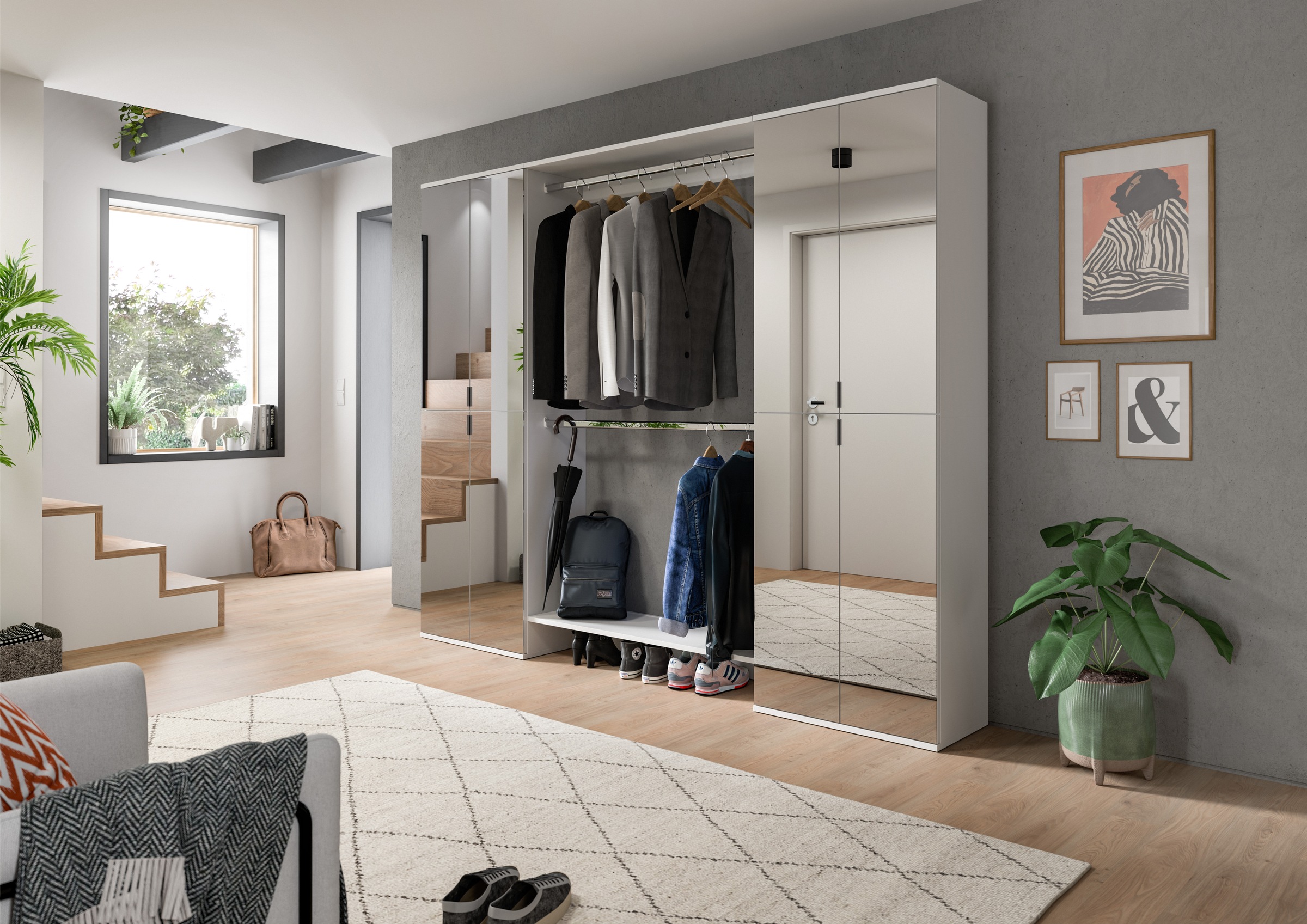 INOSIGN Garderoben-Set »Trondheim, Garderobenset 3-tlg. Breite 232 cm,«, (3 St.), best. aus: 2x Spiegelschrank, 2 Kleiderstanden, Flur, Diele