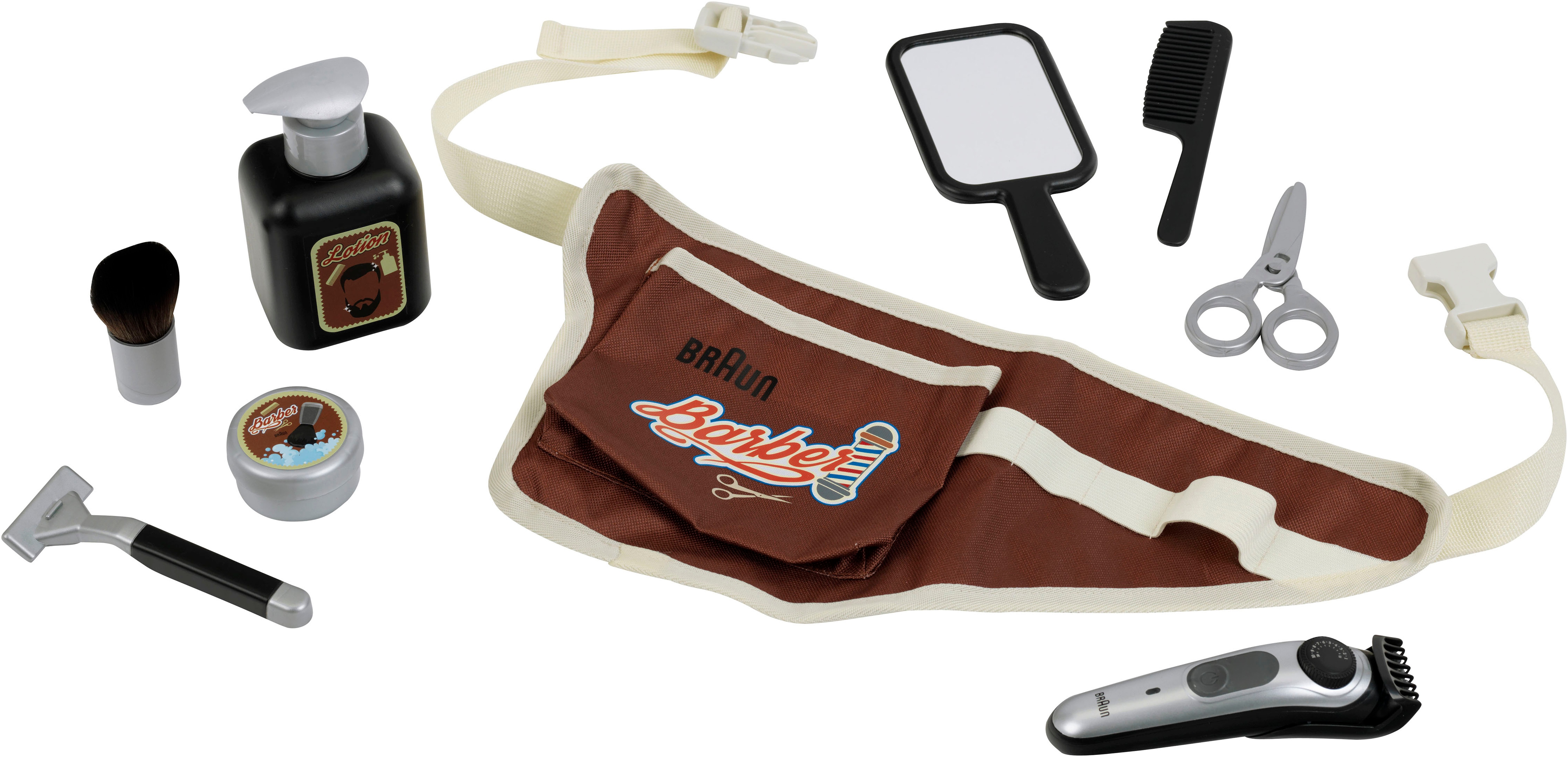 Klein Spielzeug-Frisierkoffer "Braun, Barbergürtel mit Zubehör"
